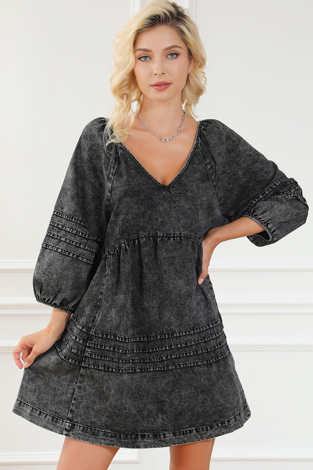 Blue Zone Planet | Black Pleated V Neck Puff Sleeve Denim Babydoll Dress-TOPS / DRESSES-[Adult]-[Female]-2022 Online Blue Zone Planet