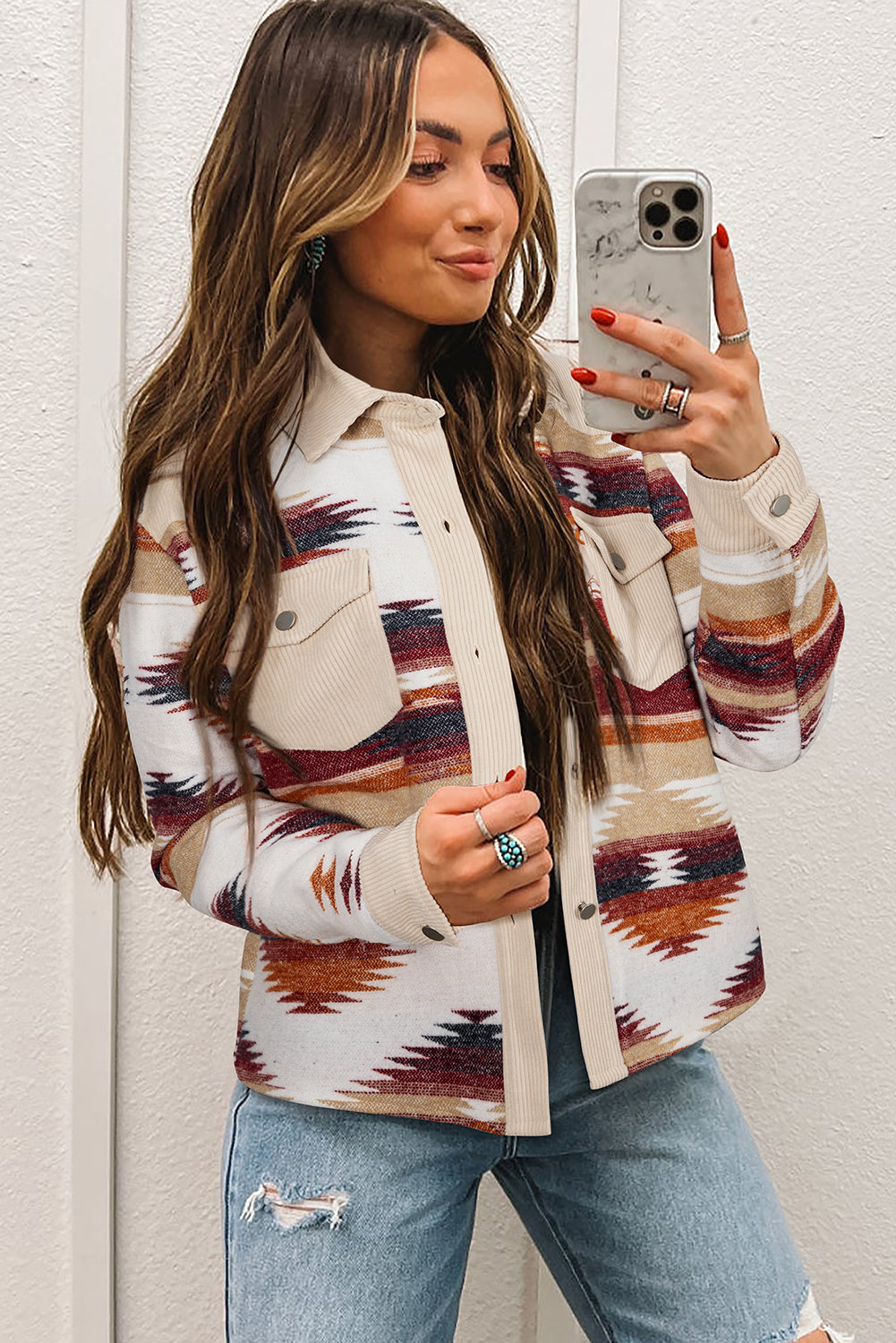 Multicolour Western Aztec Striped Patchwork Double Flap Pocket Raw Hem Shacket-Outerwear/Jackets-[Adult]-[Female]-2022 Online Blue Zone Planet