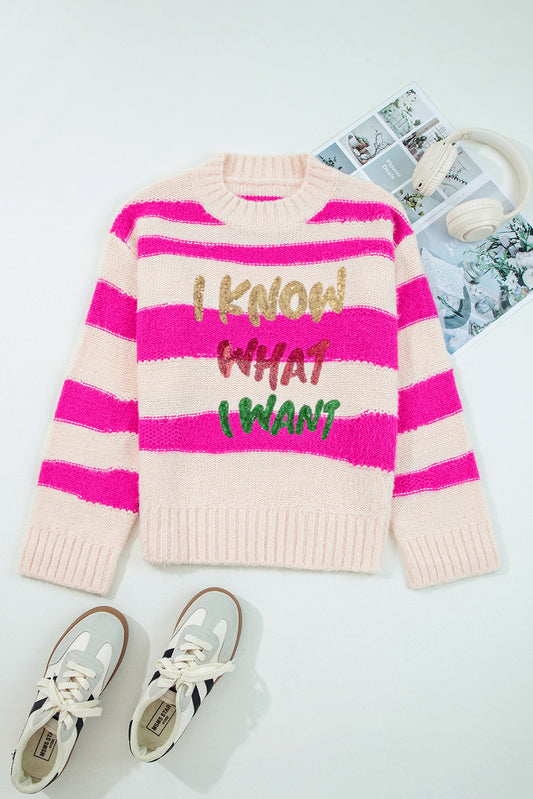 Rose Red I KNOW WAHT I WAT Sequin Letter Graphic Colorblock Loose Sweater-TOPS / DRESSES-[Adult]-[Female]-2022 Online Blue Zone Planet