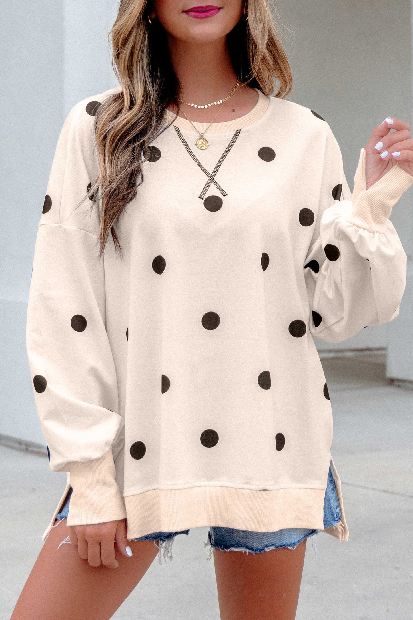 Beige Loose-Fit Long Sleeve Round Neck Polka Dot Tunic Sweatshirt-Tops/Long Sleeve Tops-[Adult]-[Female]-2022 Online Blue Zone Planet