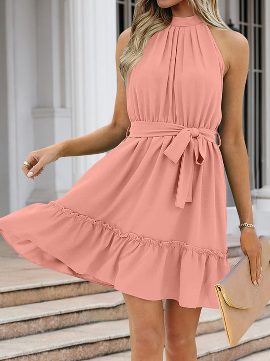 Ruched Grecian Neck Tie Waist Mini Dress-TOPS / DRESSES-[Adult]-[Female]-Dusty Pink-S-2022 Online Blue Zone Planet