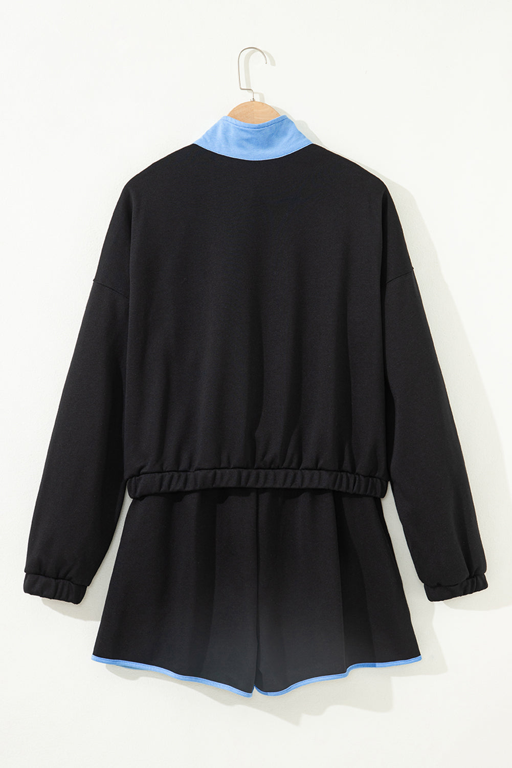 Black Color Block Patchwork Half Button Pullover and Shorts 2pcs Outfit-Two Piece Sets/Short Sets-[Adult]-[Female]-2022 Online Blue Zone Planet