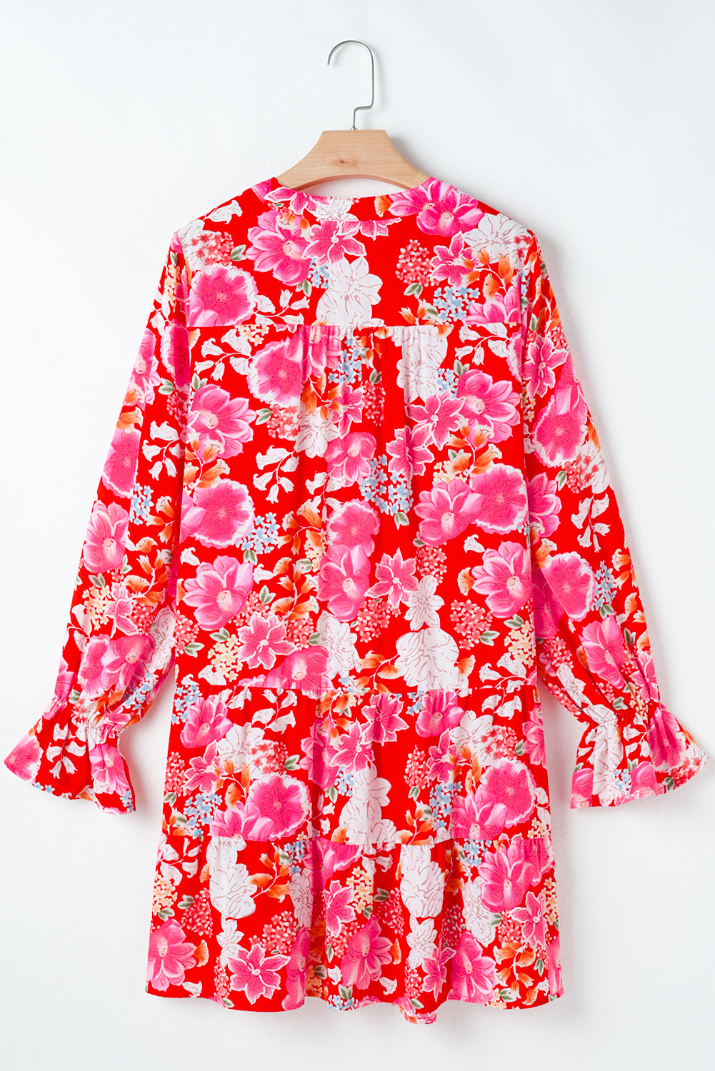 Red Floral Print High Waist V Neck Babydoll Mini Dress-Dresses/Mini Dresses-[Adult]-[Female]-2022 Online Blue Zone Planet