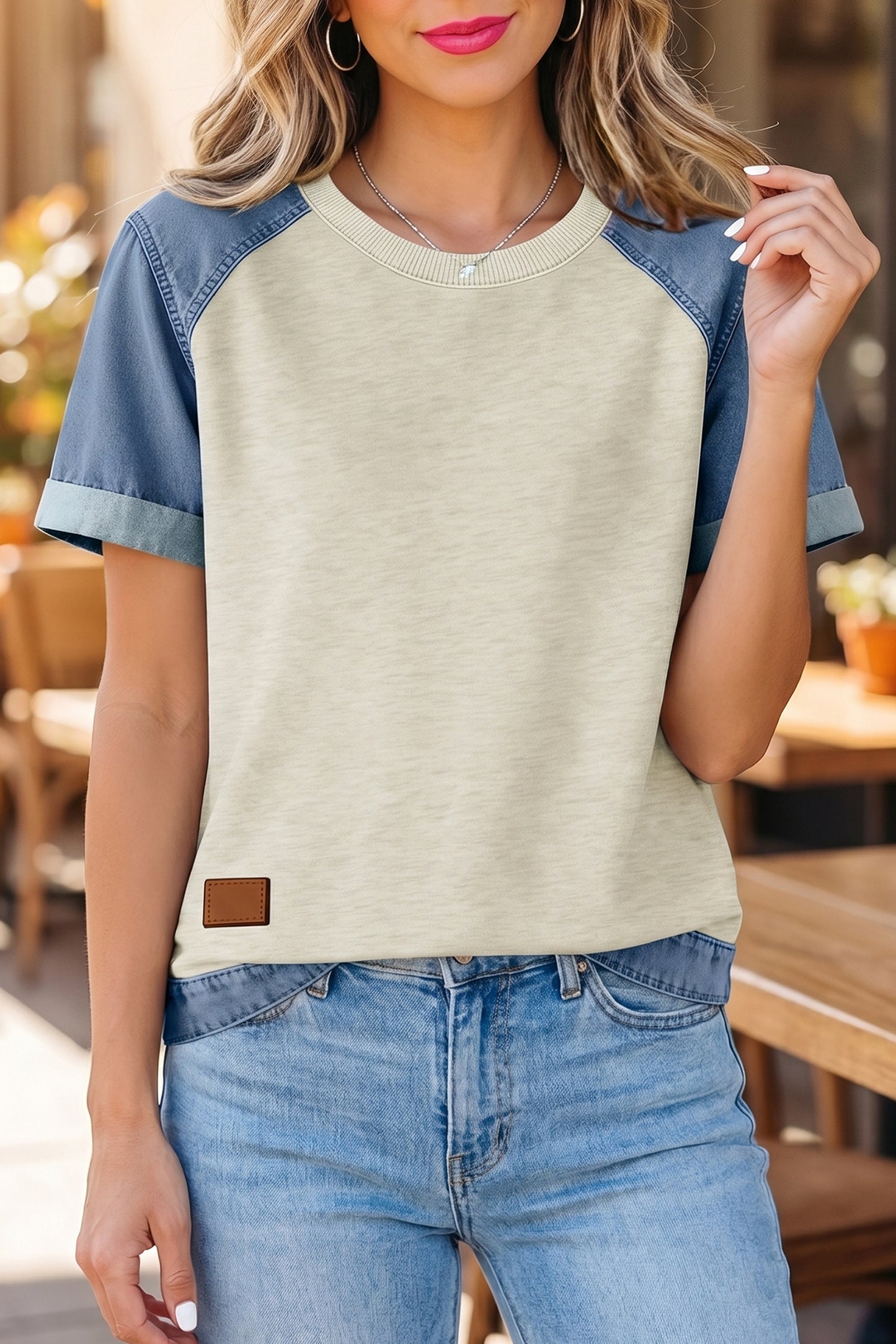 Beige Denim Color Block Patchwork Round Neck Tee-Tops/Tops & Tees-[Adult]-[Female]-Beige-S-2022 Online Blue Zone Planet
