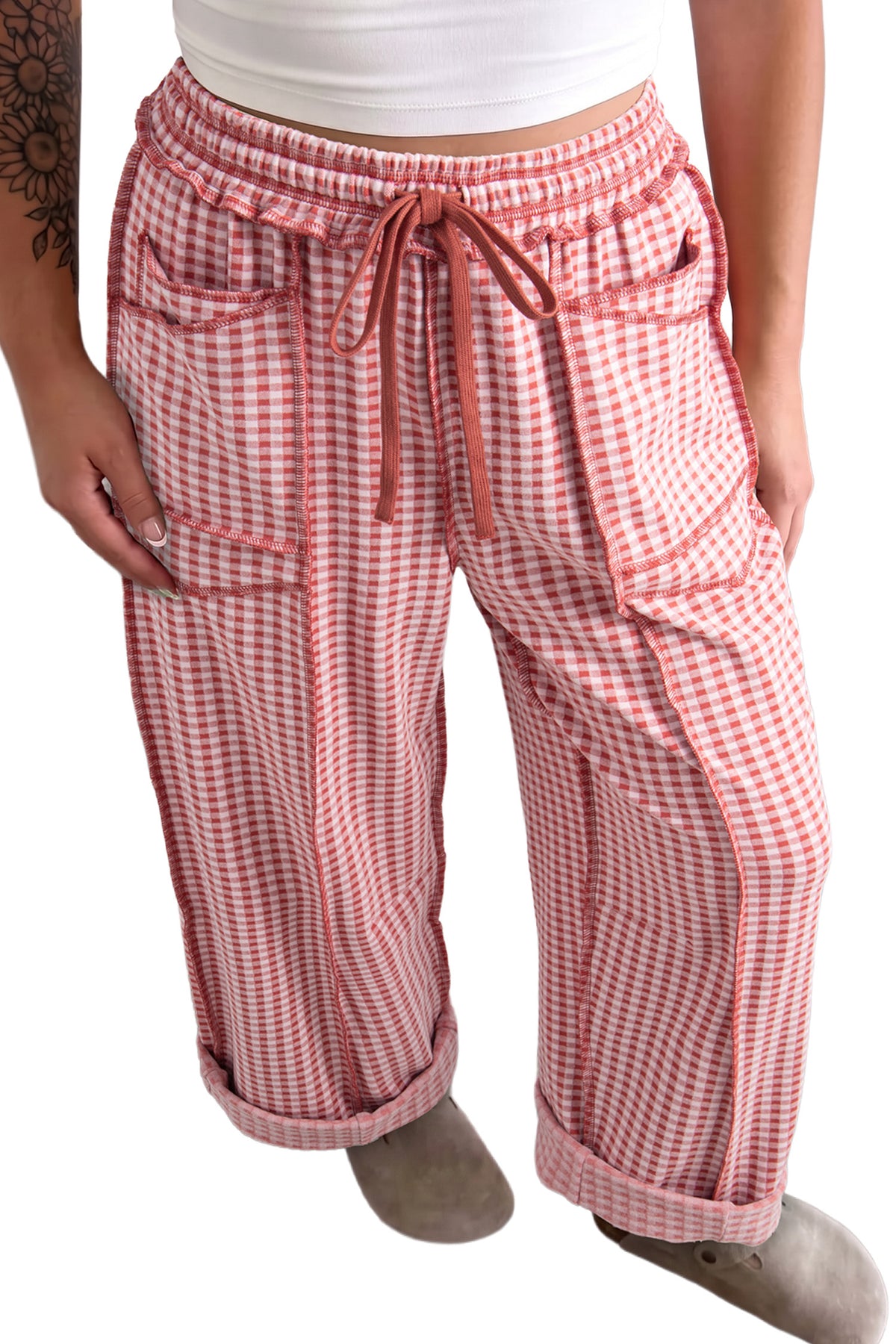 Red Plaid Contrast Trim Drawstring Elastic Waist Shift Pants-Bottoms/Pants & Culotte-[Adult]-[Female]-2022 Online Blue Zone Planet