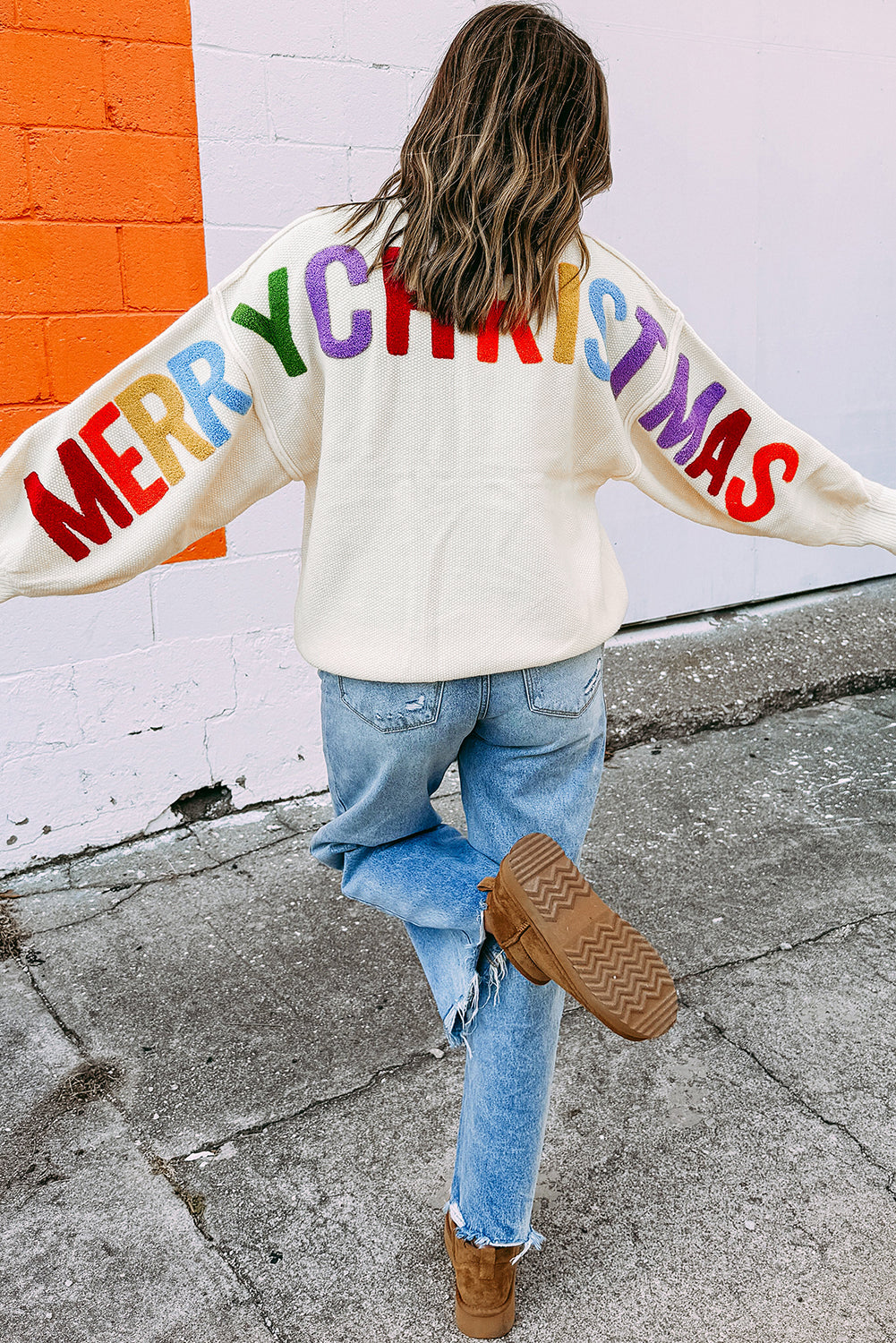 White Chenille Graphic Drop Shoulder Holiday Sweater