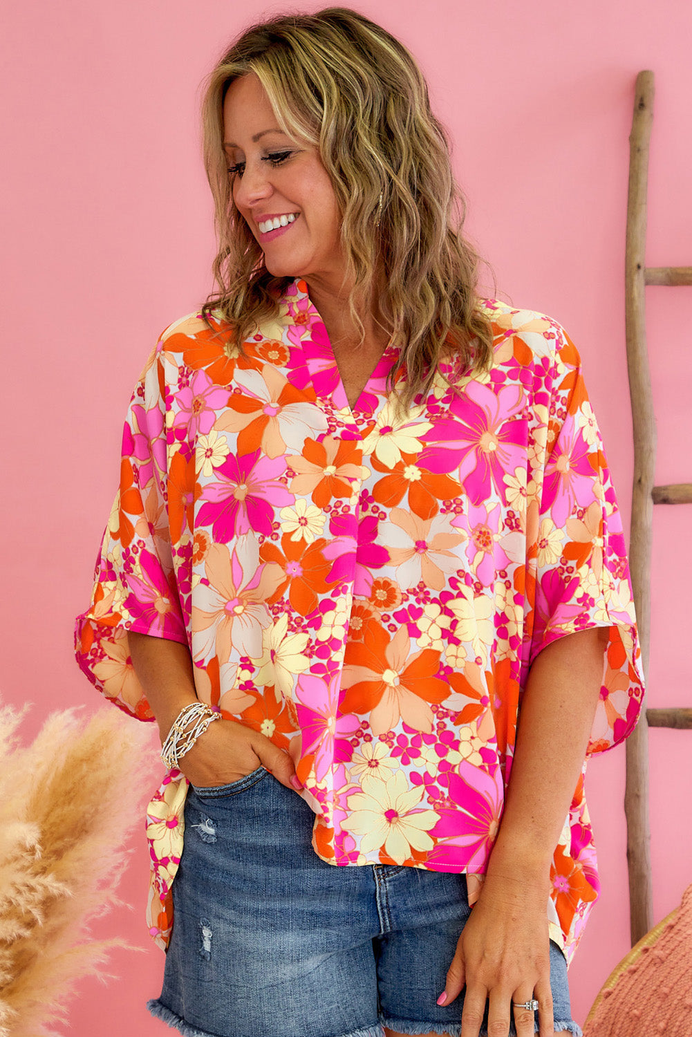 Red Floral Short Sleeve Slit Neck Plus Size Blouse-Plus Size/Plus Size Tops/Plus Size Blouses & Shirts-[Adult]-[Female]-2022 Online Blue Zone Planet