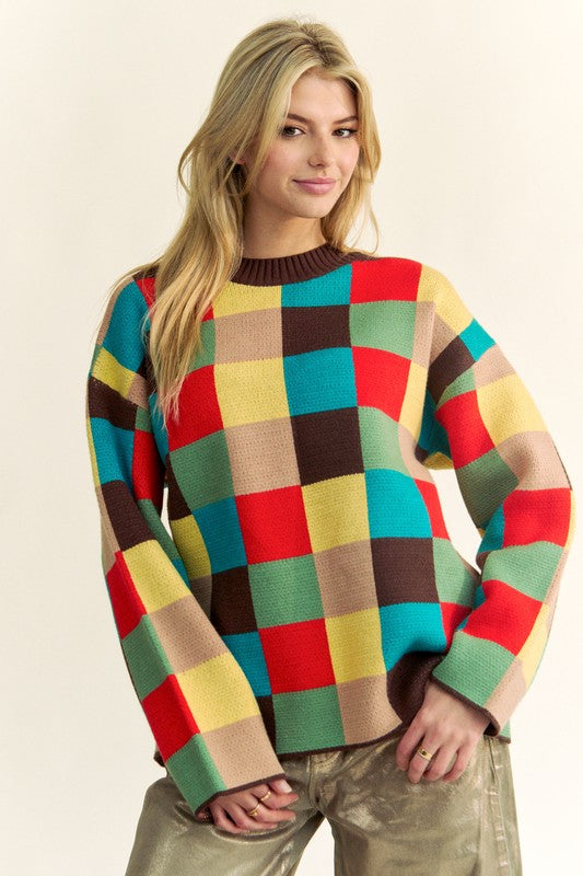 Davi & Dani Color Block Checkered Dropped Shoulder Sweater-TOPS / DRESSES-[Adult]-[Female]-2022 Online Blue Zone Planet