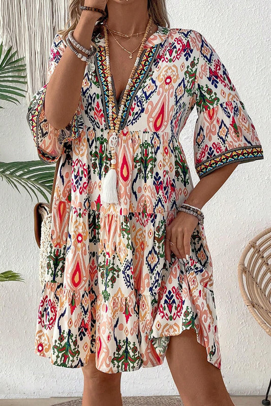 Blue Zone Planet | Multicolour Boho Print V Neck Bracelet Sleeve Mini Dress-TOPS / DRESSES-[Adult]-[Female]-Multicolour-S-2022 Online Blue Zone Planet