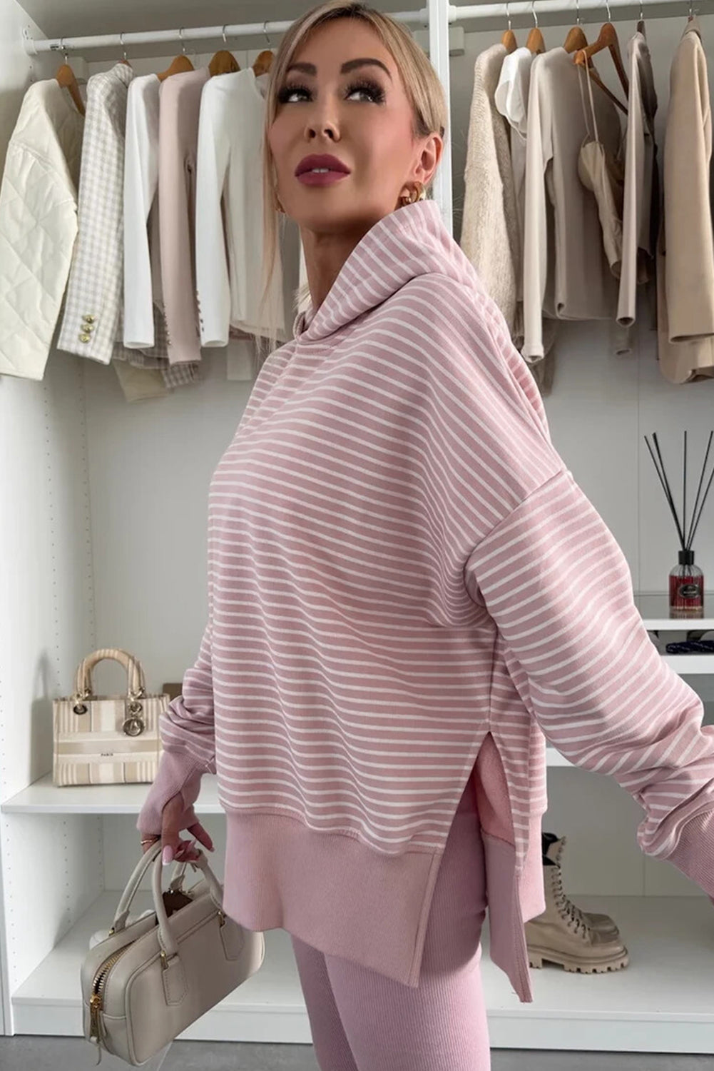 Purple Stripe Thumbhole Side Slits Drop Shoulder Loose Fit Hoodie-Tops/Sweatshirts & Hoodies-[Adult]-[Female]-2022 Online Blue Zone Planet