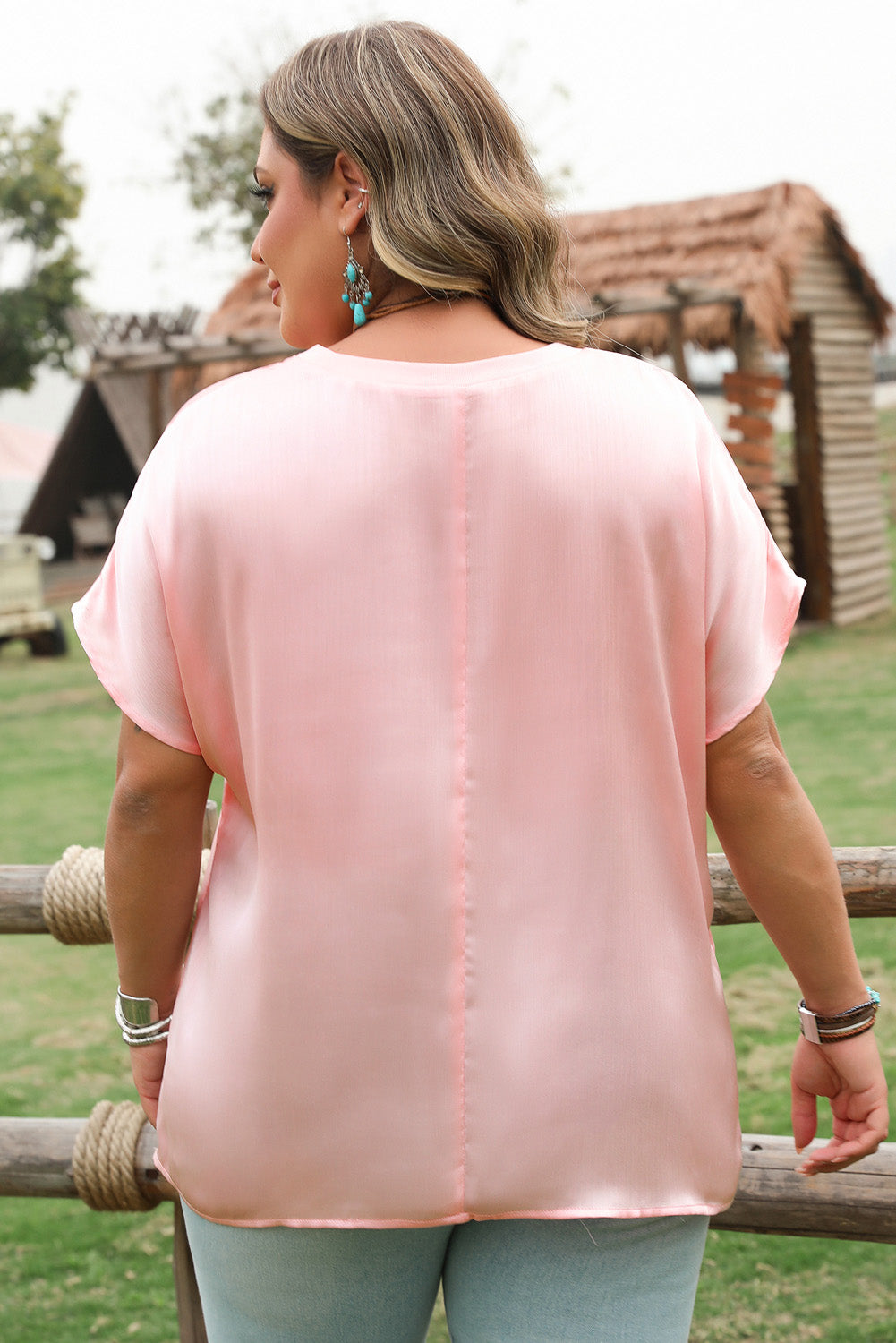 Pink Metallic Gloss Short Batwing Sleeve Plus Size Top-Plus Size/Plus Size Tops/Plus Size Tops & Tees-[Adult]-[Female]-2022 Online Blue Zone Planet