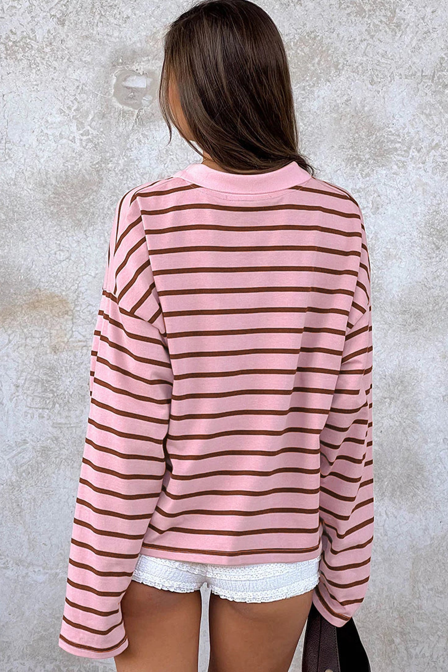 Pink Stripe Striped Long Sleeve Collar Shift Top-Tops/Long Sleeve Tops-[Adult]-[Female]-2022 Online Blue Zone Planet