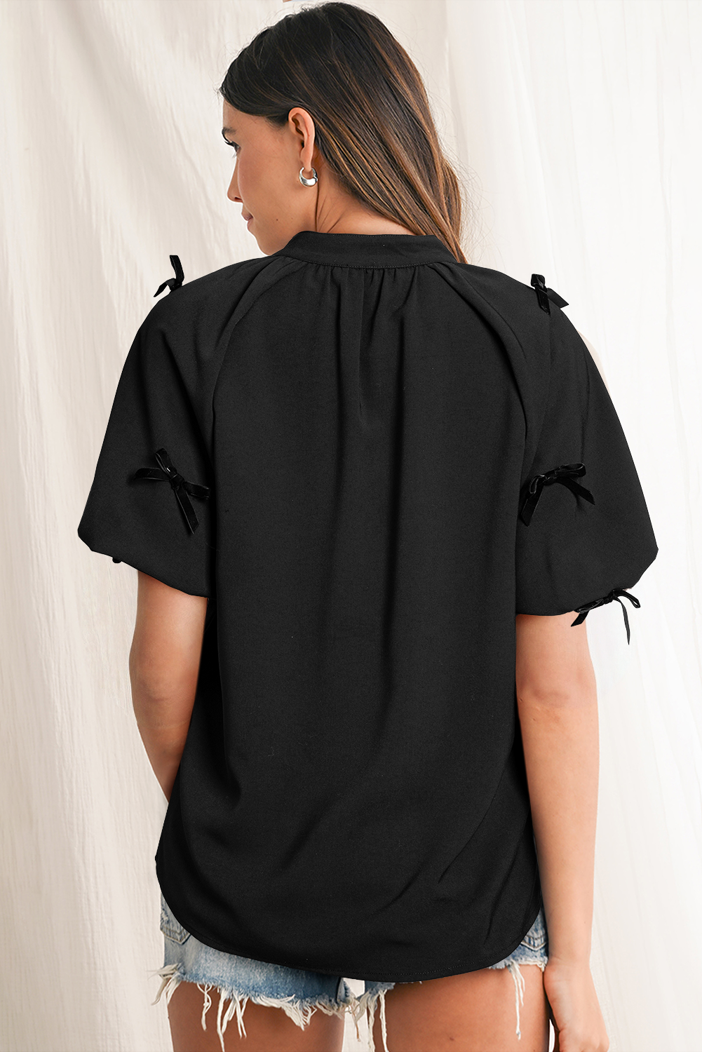Black Bow Decor Puff Sleeve Split Neck Blouse-Tops/Blouses & Shirts-[Adult]-[Female]-2022 Online Blue Zone Planet