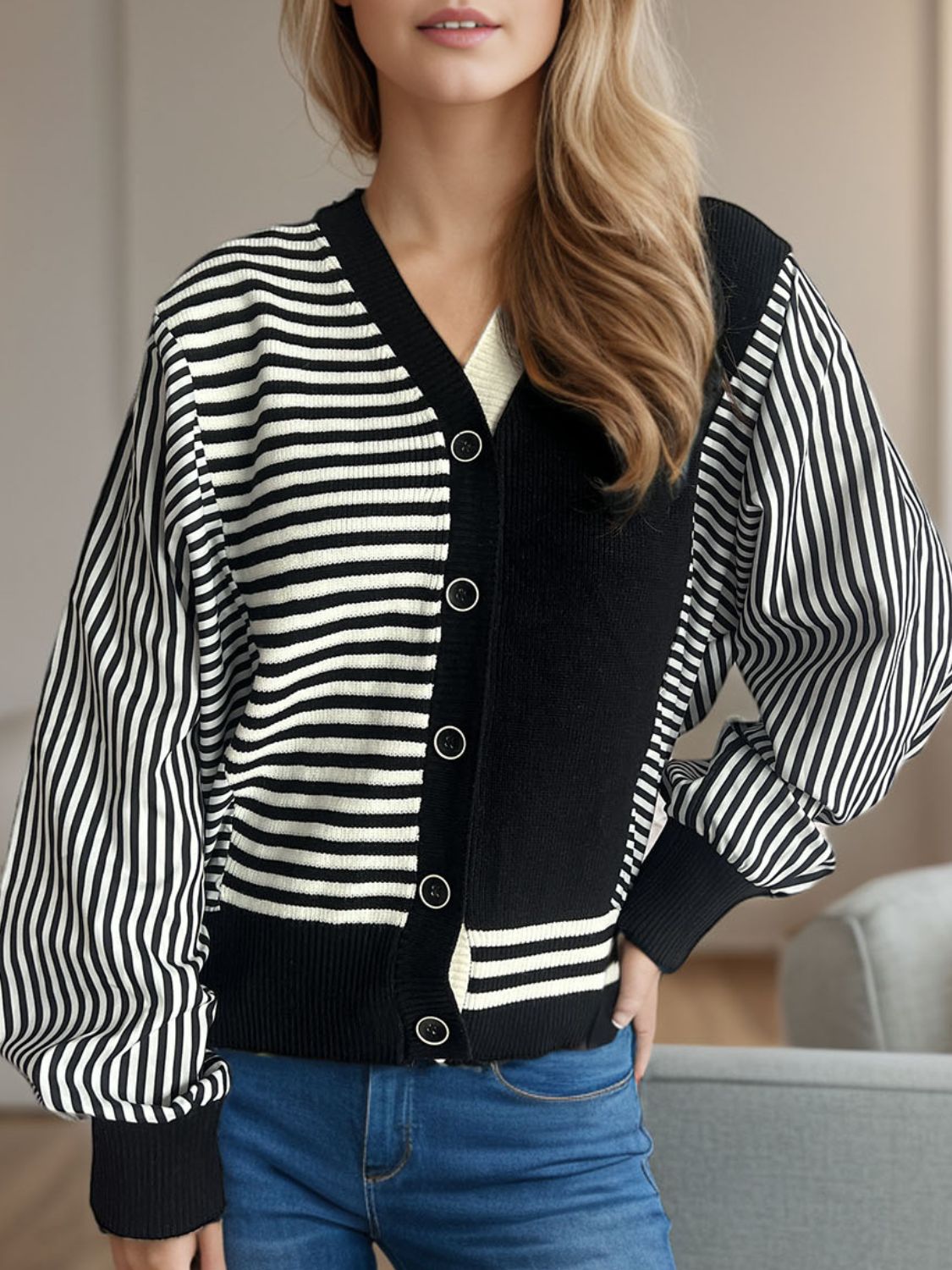 Blue Zone Planet | Striped Button Down Long Sleeve Cardigan-TOPS / DRESSES-[Adult]-[Female]-2022 Online Blue Zone Planet