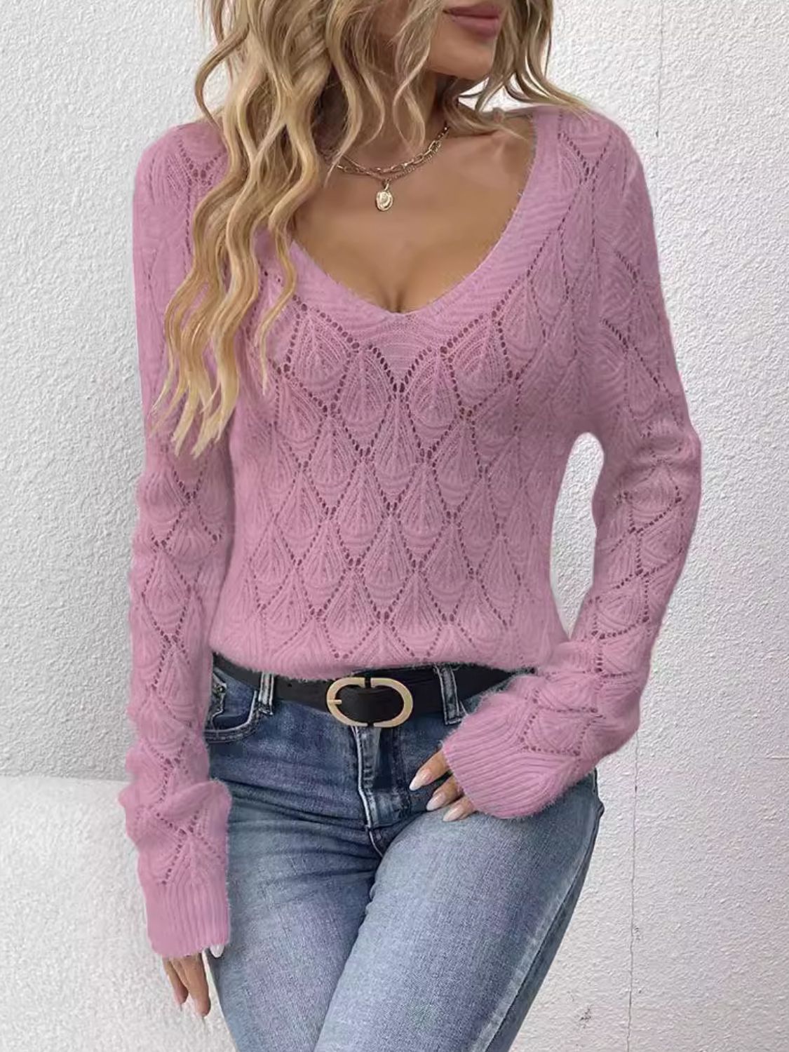 Openwork V-Neck Long Sleeve Sweater-TOPS / DRESSES-[Adult]-[Female]-Pink Purple-One Size-2022 Online Blue Zone Planet