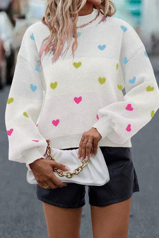 Multicolour Heart Pattern Colorblock Knit High Neck Baggy Sweater-Sweaters & Cardigans/Sweaters-[Adult]-[Female]-Multicolour-S-2022 Online Blue Zone Planet
