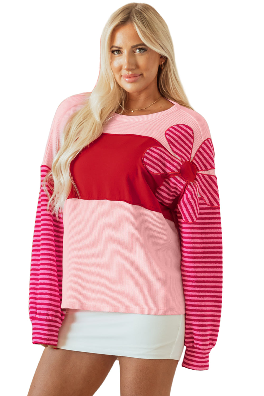 Blue Zone Planet | Pink Floral Patch Color Block Striped Sleeve Textured Top-Tops/Long Sleeve Tops-[Adult]-[Female]-2022 Online Blue Zone Planet