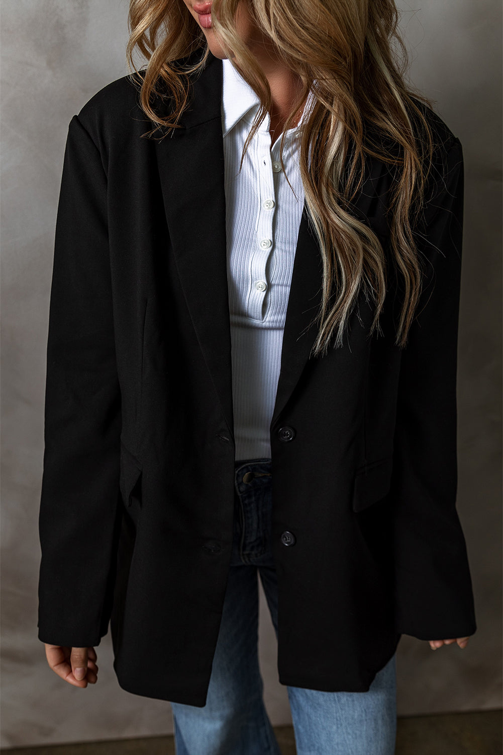 Black Lapel Flap Pocket Buttoned Blazer-Outerwear/Blazers-[Adult]-[Female]-2022 Online Blue Zone Planet