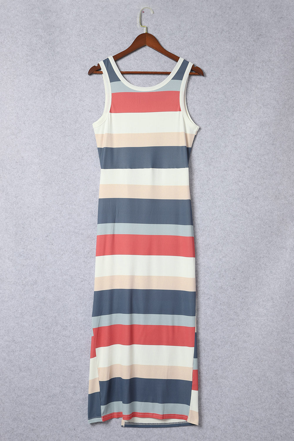 Blue Zone Planet |  Multicolor Striped Color Block Ribbed Knit Lace-up Slit Tank Dress Blue Zone Planet