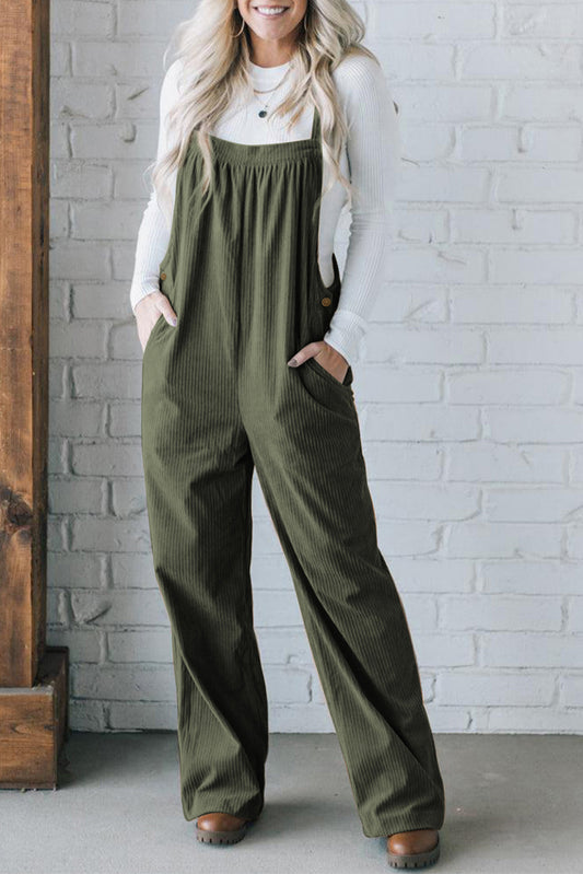 Jungle Green Button Adjustable Straps Solid Color Corduroy Jumpsuit-Bottoms/Jumpsuits & Rompers-[Adult]-[Female]-Jungle Green-S-2022 Online Blue Zone Planet
