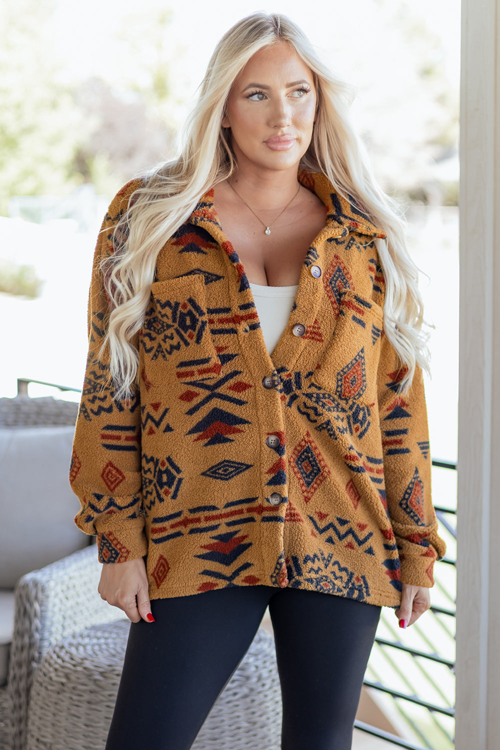 Khaki Western Aztec Pattern Fleece Shacket-TOPS / DRESSES-[Adult]-[Female]-2022 Online Blue Zone Planet
