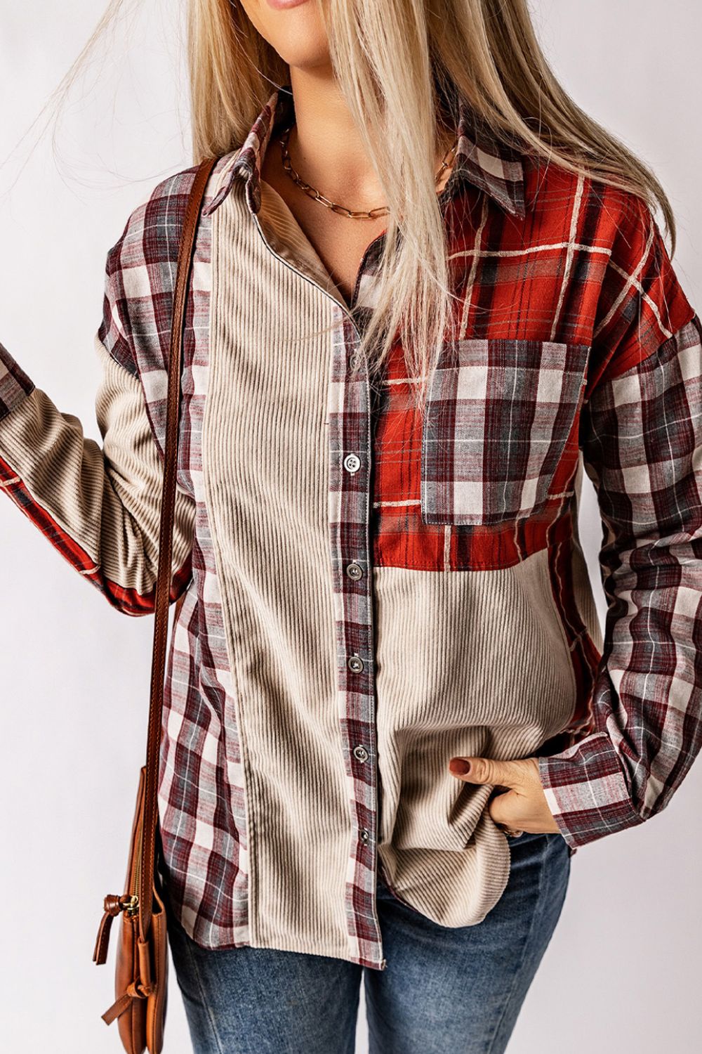 Plaid Patchwork Collared Neck Shacket-TOPS / DRESSES-[Adult]-[Female]-2022 Online Blue Zone Planet