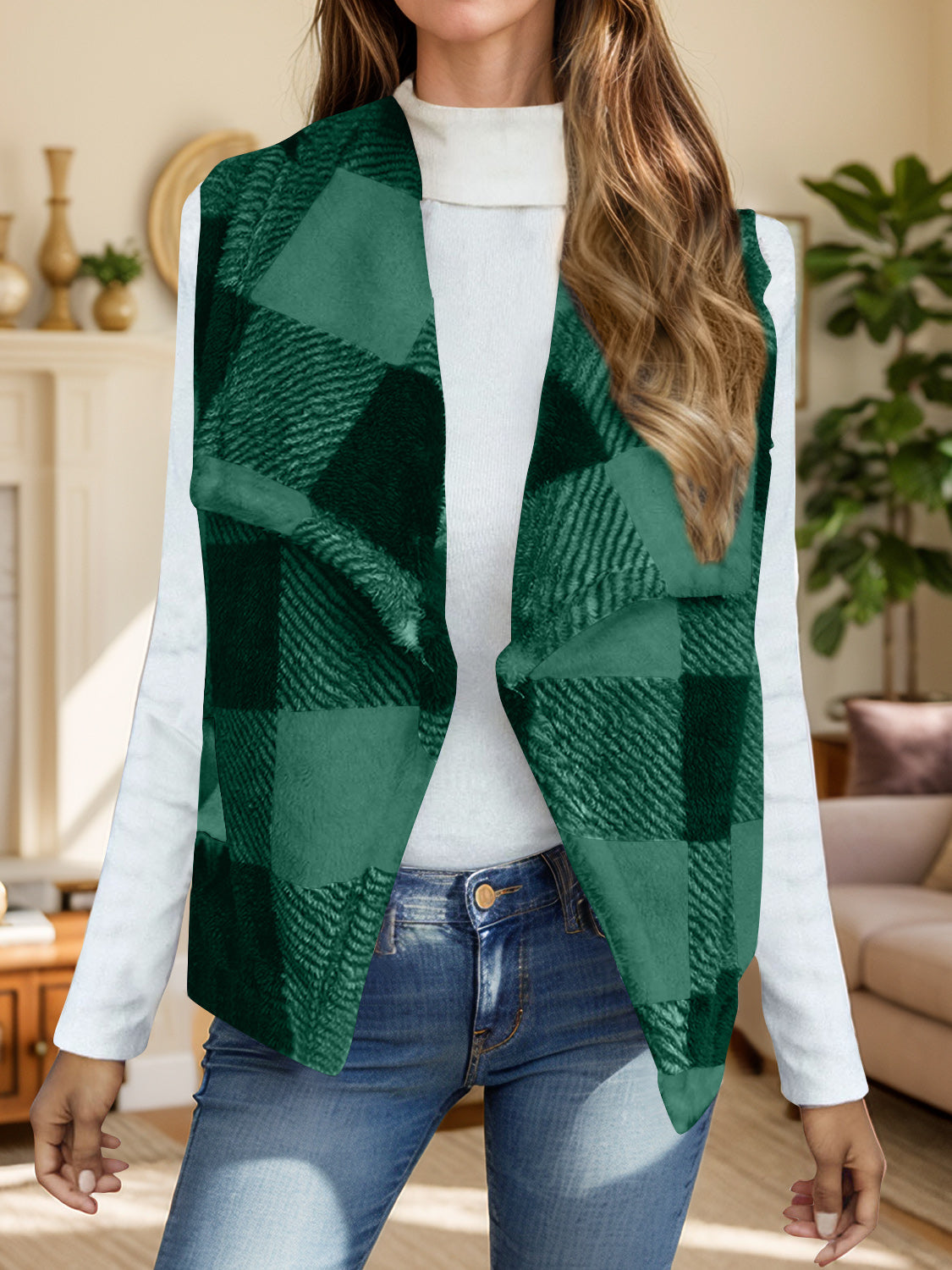 Plaid Open Front Vest Coat-TOPS / DRESSES-[Adult]-[Female]-Dark Green-S-2022 Online Blue Zone Planet