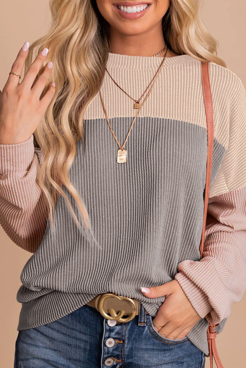Multicolor Color Block Long Sleeve Ribbed Loose Top-Tops/Long Sleeve Tops-[Adult]-[Female]-Multicolor-S-2022 Online Blue Zone Planet