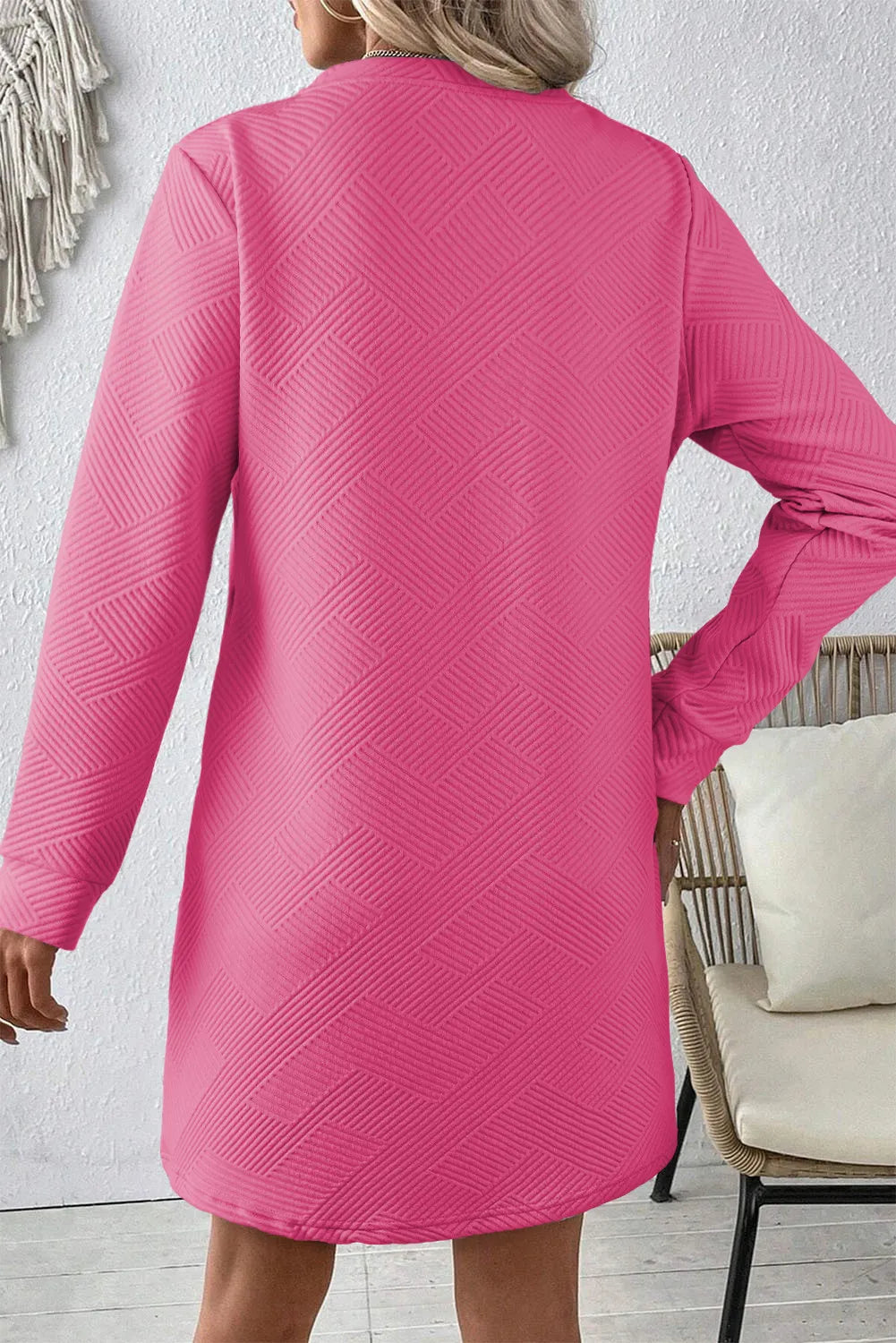 Textured Round Neck Long Sleeve Mini Dress-TOPS / DRESSES-[Adult]-[Female]-2022 Online Blue Zone Planet