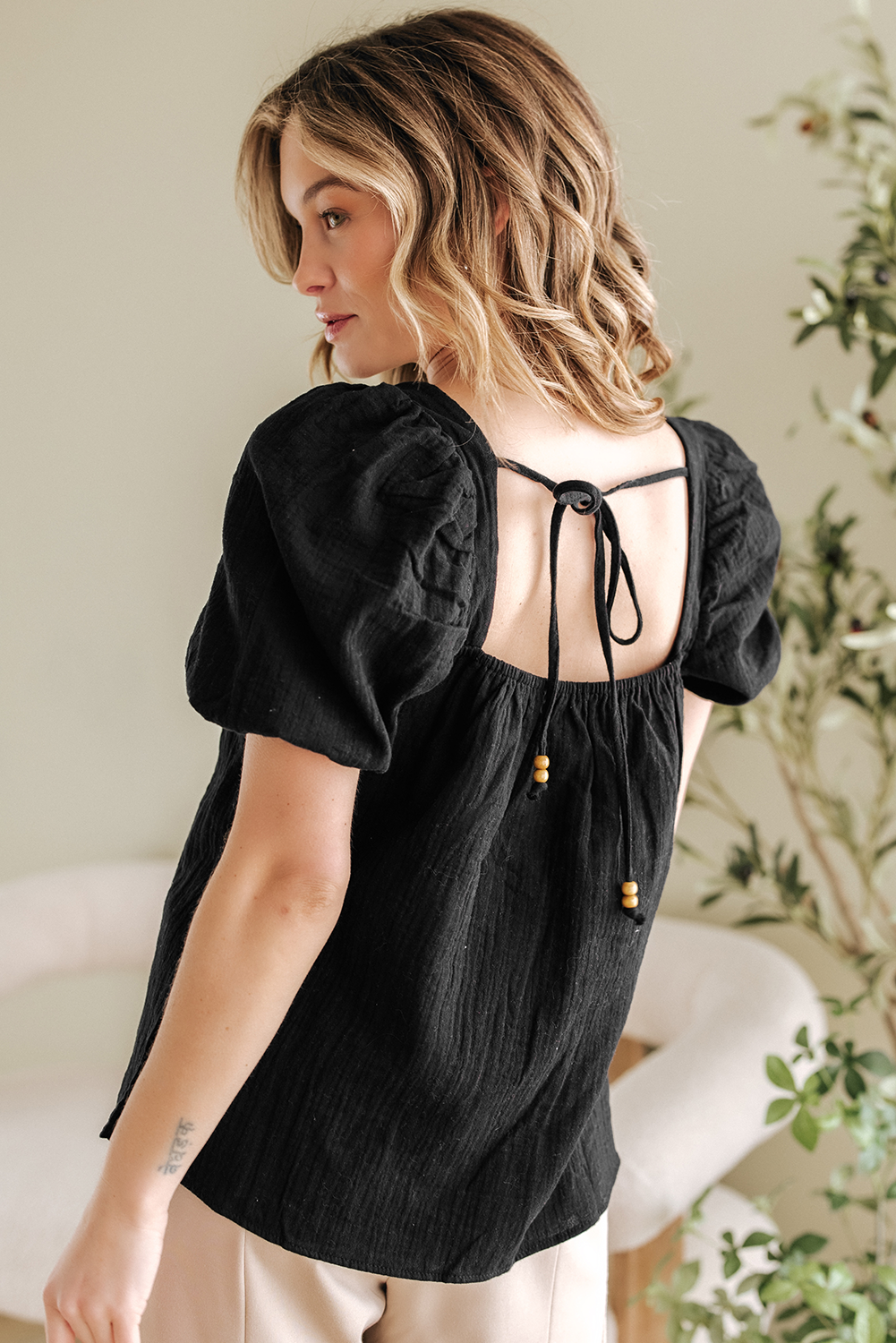 Black Flower Crochet Square Neck Textured Short Sleeve Blouse-Tops/Blouses & Shirts-[Adult]-[Female]-2022 Online Blue Zone Planet