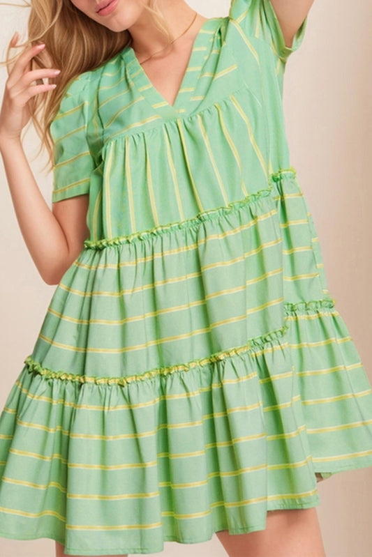 Green Stripe V Neck Short Sleeve Frilled Detail A-line Dress-TOPS / DRESSES-[Adult]-[Female]-Green Stripe-S-2022 Online Blue Zone Planet