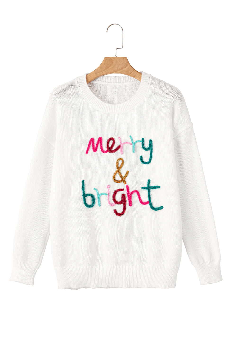 White Glitter Merry & Bright Round Neck Knit Sweater-Sweaters-[Adult]-[Female]-2022 Online Blue Zone Planet