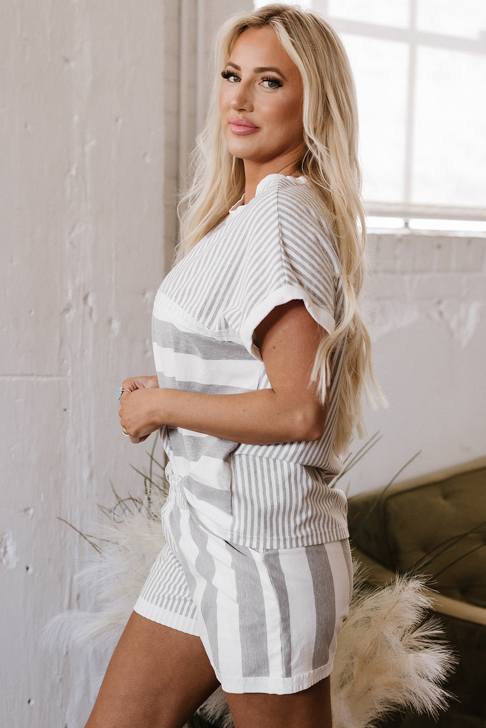 Blue Zone Planet | Gray Stripe Mixed Print Short Sleeve Top And Pocketed Shorts Set-Two Piece Sets/Short Sets-[Adult]-[Female]-2022 Online Blue Zone Planet
