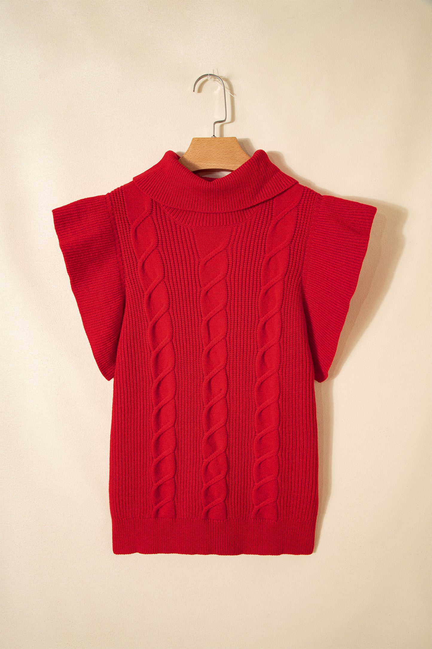 Jet Stream Cable Knit Turtleneck Ruffled Short Sleeve Sweater-Sweaters & Cardigans/Short Sleeve Sweaters-[Adult]-[Female]-2022 Online Blue Zone Planet