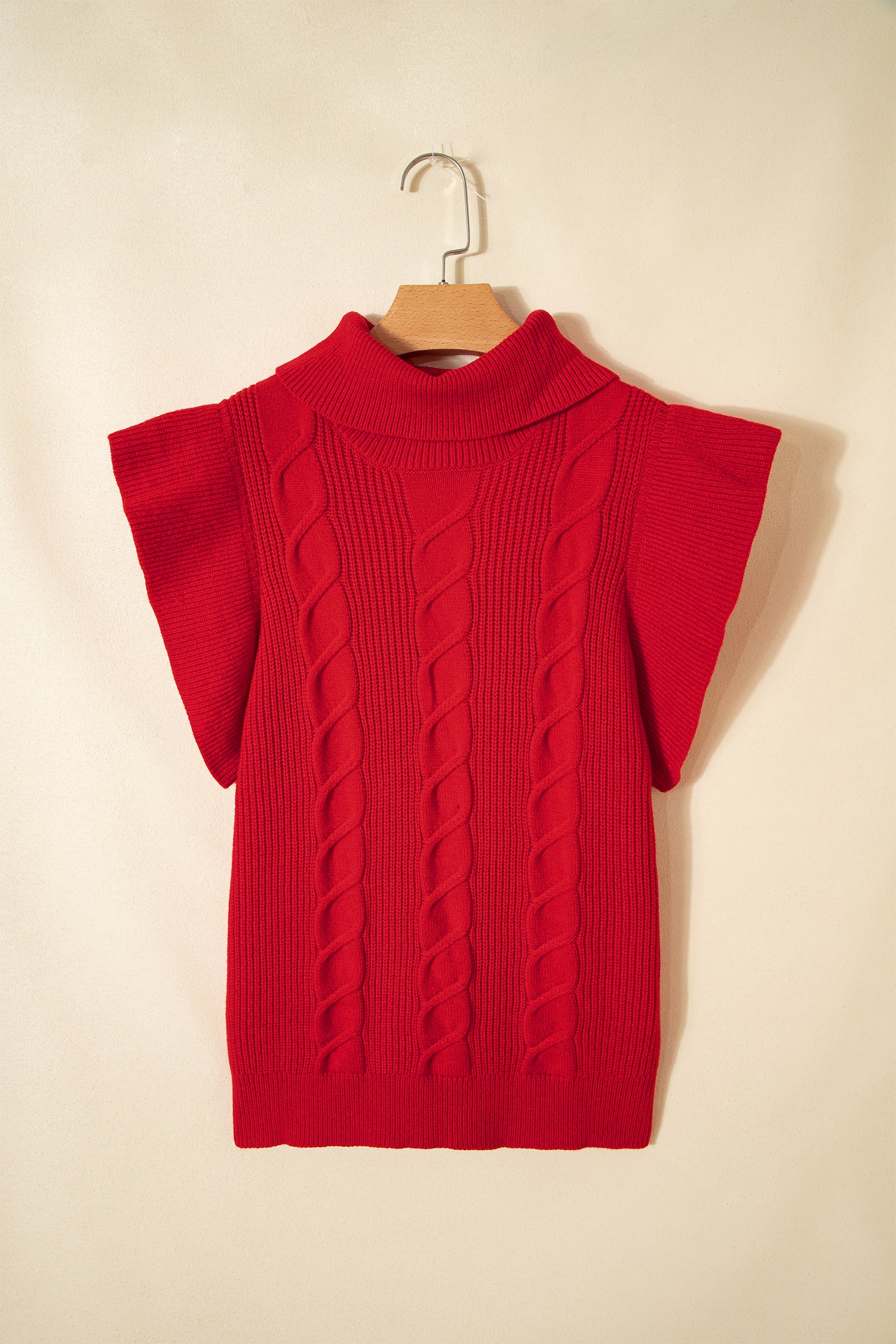 Jet Stream Cable Knit Turtleneck Ruffled Short Sleeve Sweater-Sweaters & Cardigans/Short Sleeve Sweaters-[Adult]-[Female]-2022 Online Blue Zone Planet