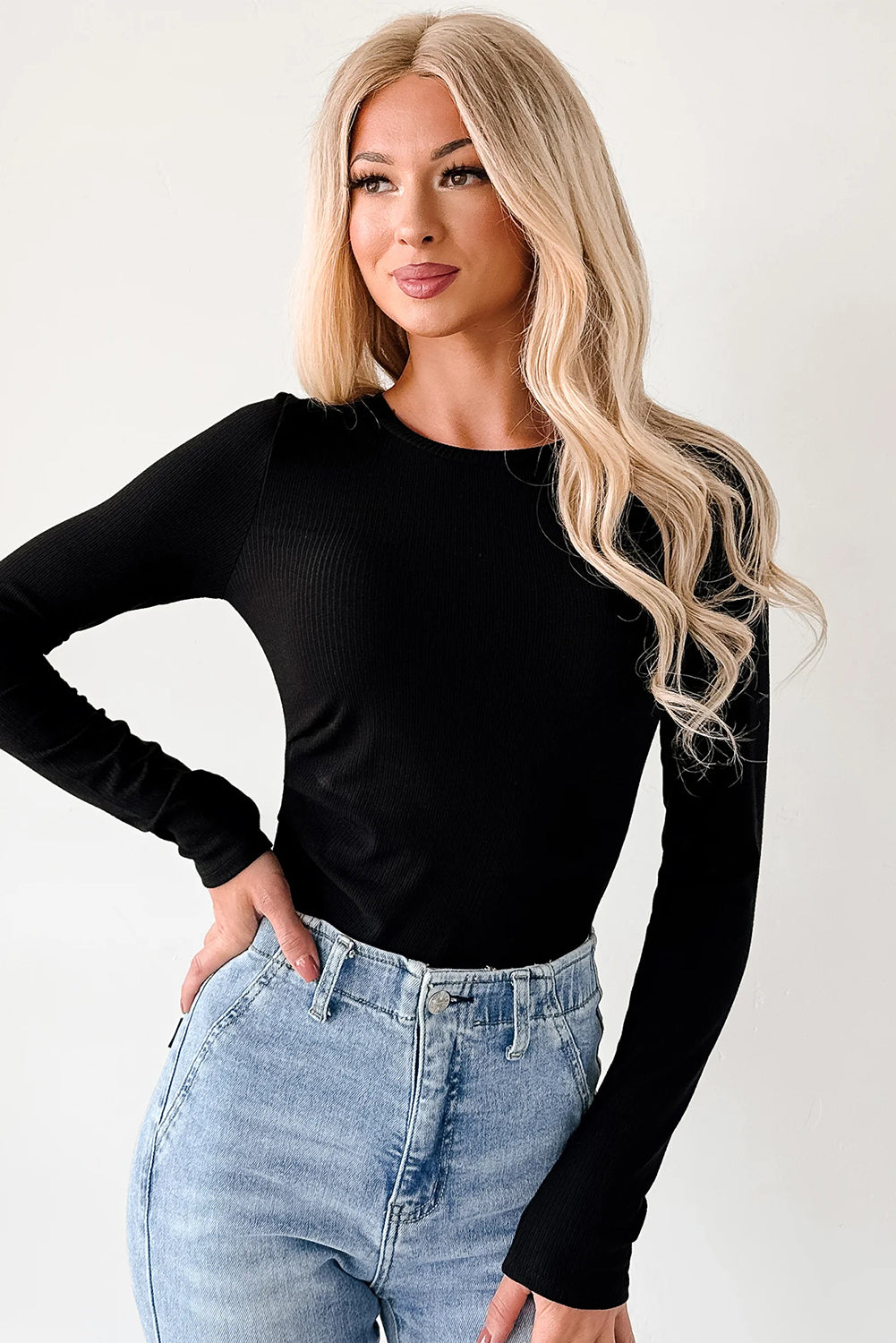 Black Ribbed Long Sleeve Crew Neck Solid Color Bodysuit-Tops/Bodysuits-[Adult]-[Female]-2022 Online Blue Zone Planet