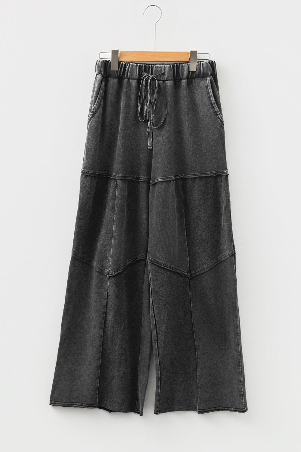 Black Mineral Wash Tiered Wide Leg Patchwork Drawstring Pants-Bottoms/Pants & Culotte-[Adult]-[Female]-2022 Online Blue Zone Planet