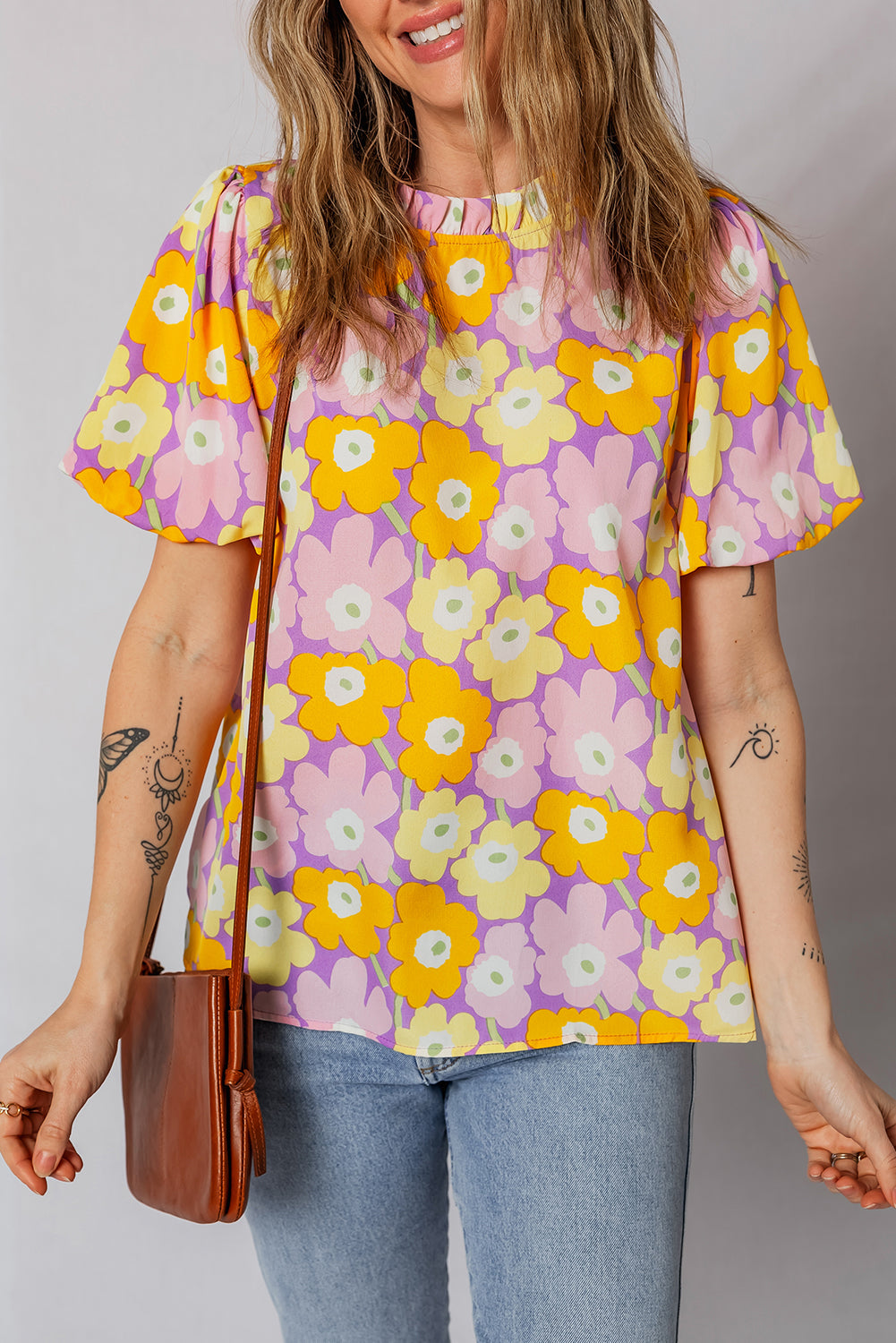 Purple Frilled Neck Puff Short Sleeve Flower Top-Tops/Blouses & Shirts-[Adult]-[Female]-Purple-S-2022 Online Blue Zone Planet