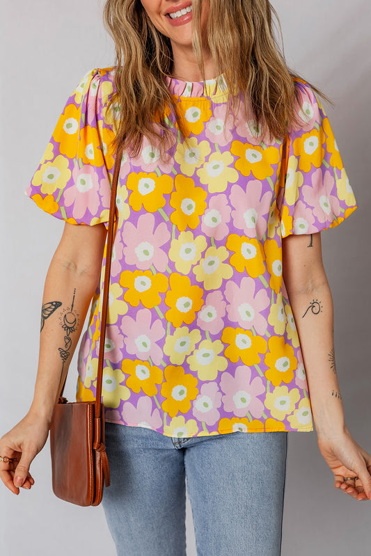 Purple Frilled Neck Puff Short Sleeve Flower Top-Tops/Blouses & Shirts-[Adult]-[Female]-Purple-S-2022 Online Blue Zone Planet