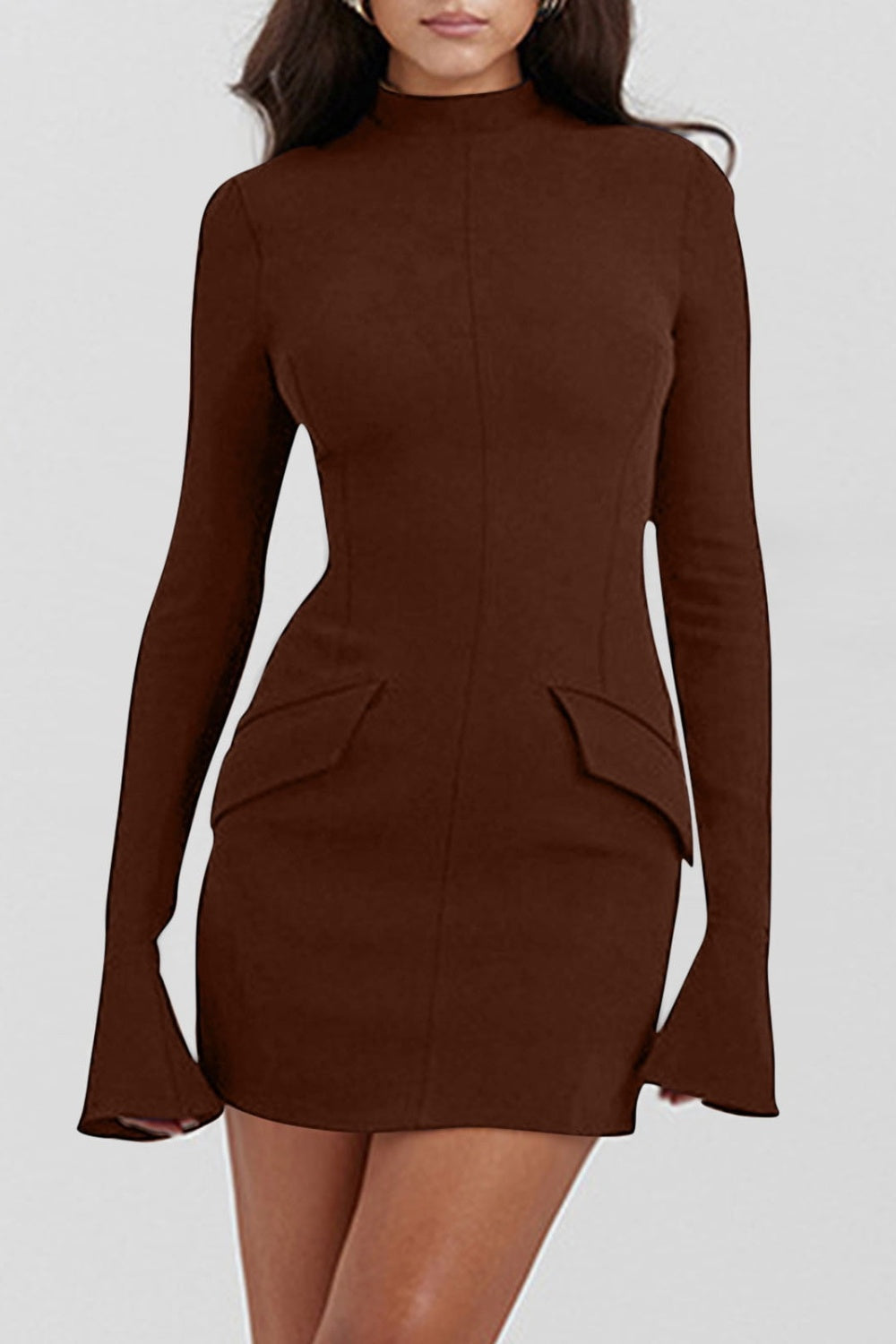 Mock Neck Long Sleeve Mini Dress-TOPS / DRESSES-[Adult]-[Female]-Brown-XS-2022 Online Blue Zone Planet