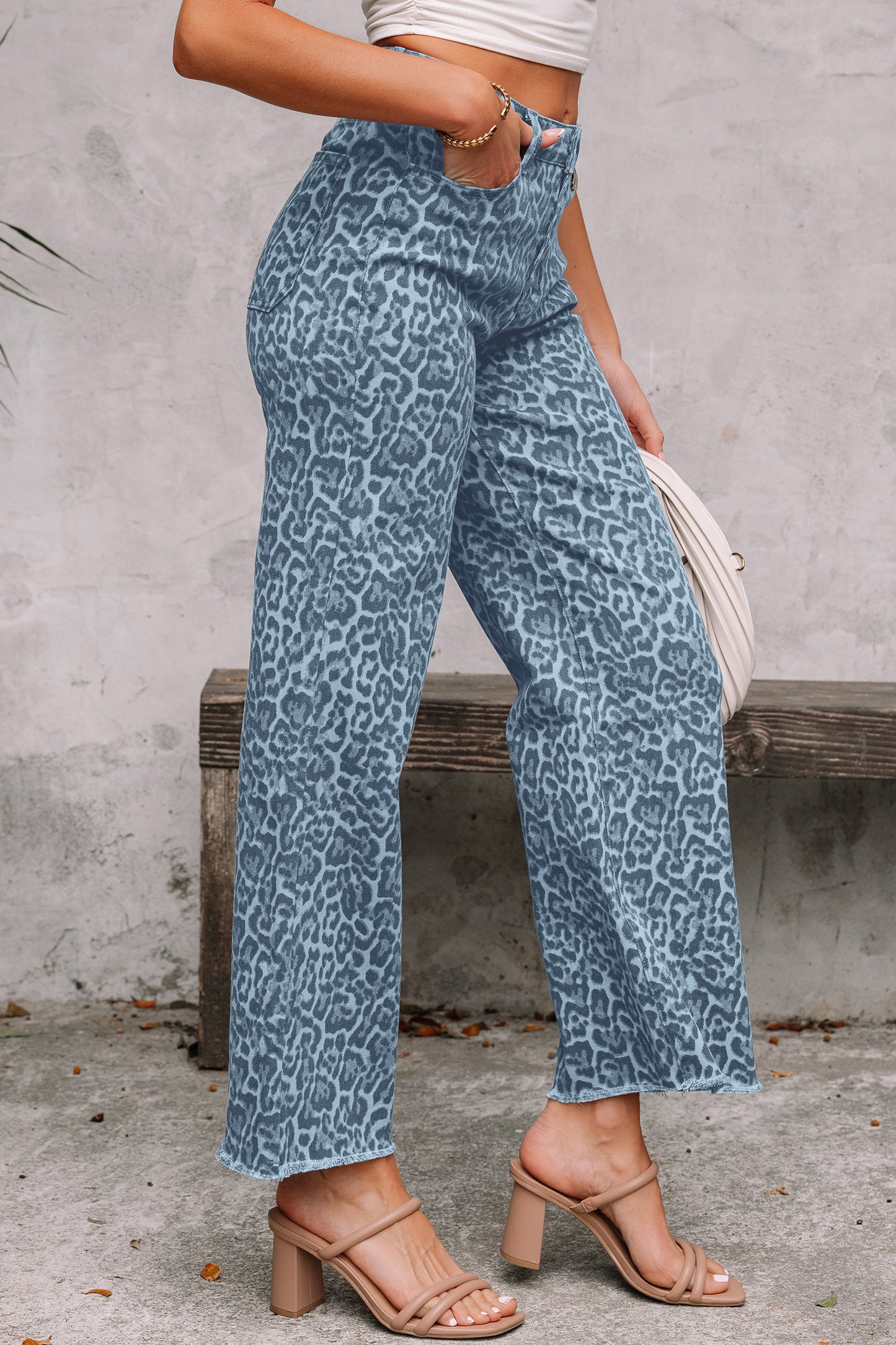 Gray Leopard Frayed Edge Wide Leg High Waist Jeans-Bottoms/Jeans-[Adult]-[Female]-2022 Online Blue Zone Planet