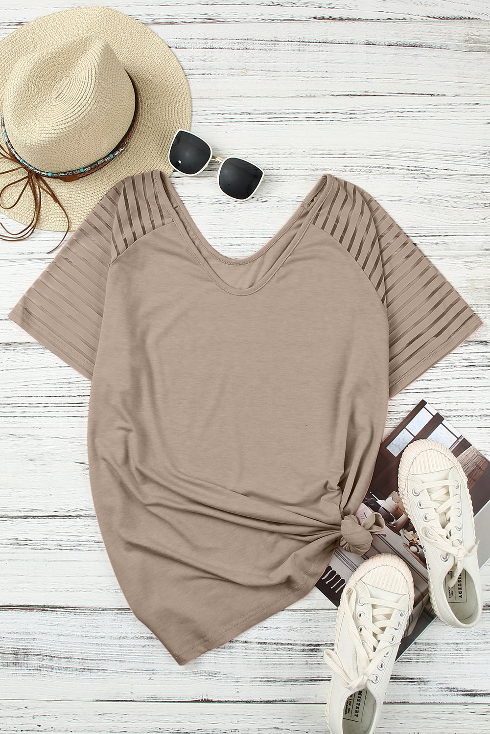 Khaki Striped Raglan Sleeve Plus Size Tee-Plus Size/Plus Size Tops/Plus Size Tops & Tees-[Adult]-[Female]-2022 Online Blue Zone Planet
