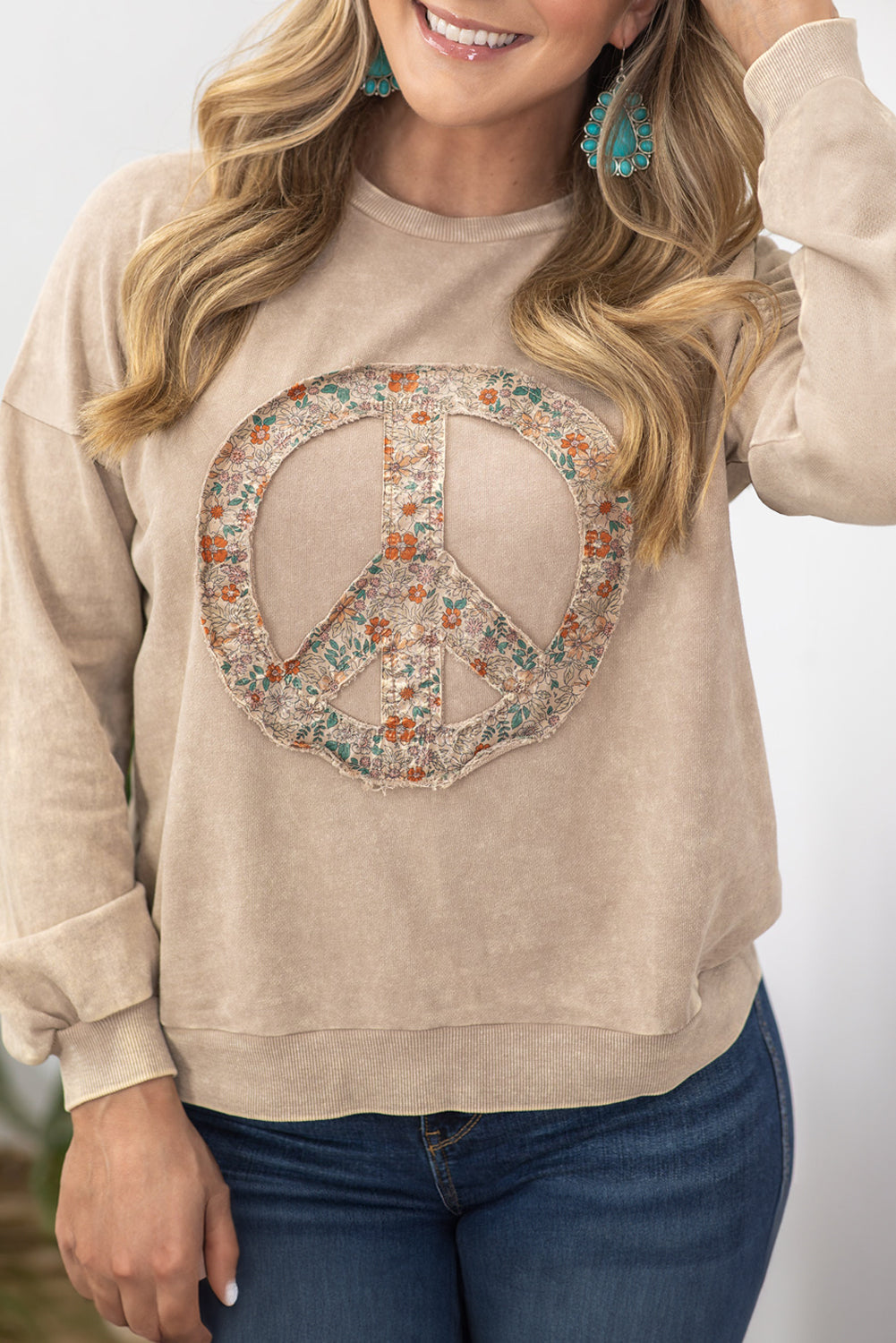 Pale Khaki Floral Peace Sign Graphic Washed Terry Plus Size Sweatshirt-Plus Size/Plus Size Sweatshirts & Hoodies-[Adult]-[Female]-Pale Khaki-1X-2022 Online Blue Zone Planet