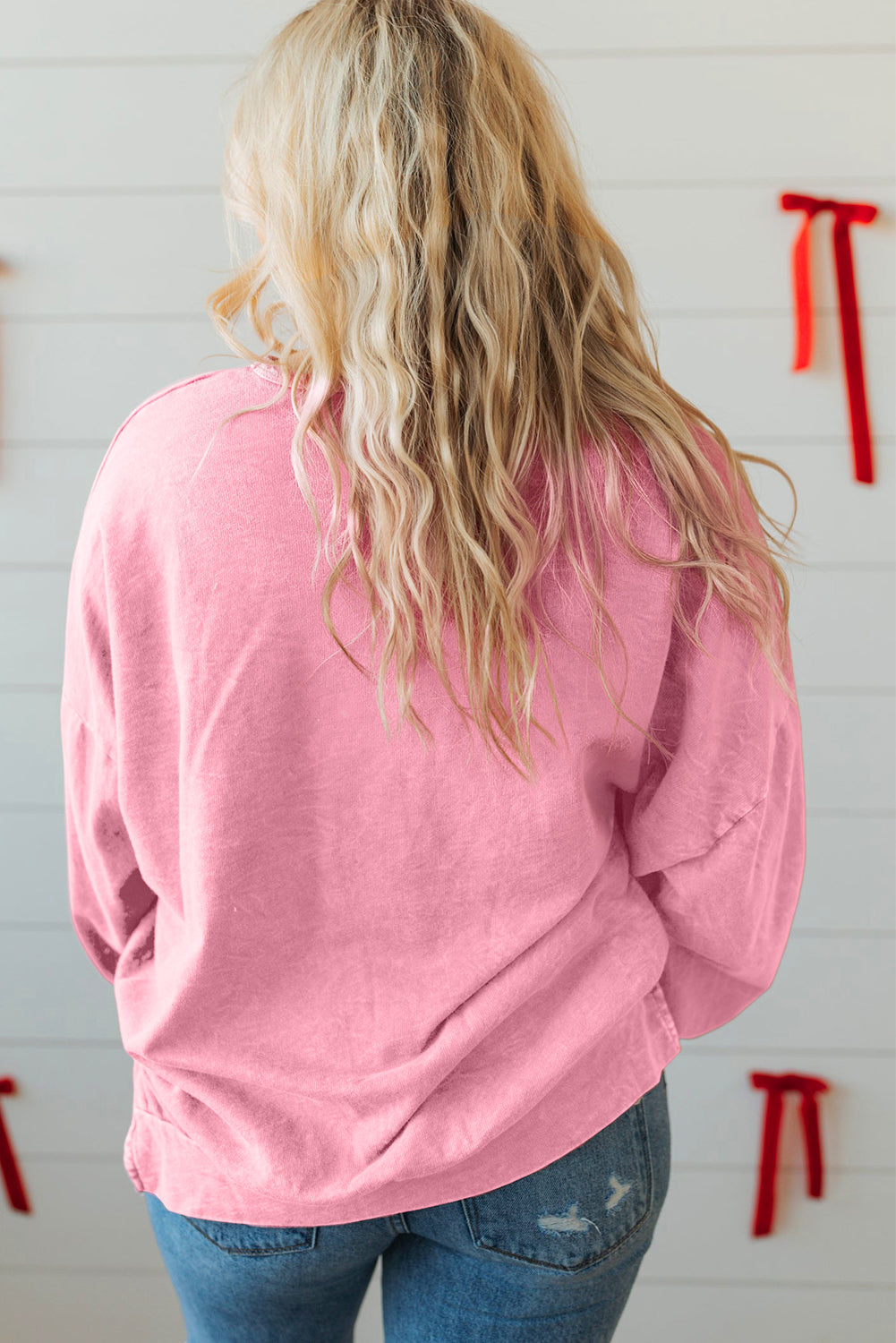 Bonbon Waffle Bowknot Patchwork Graphic Mineral Wash Plus Size Sweatshirt-Plus Size/Plus Size Sweatshirts & Hoodies-[Adult]-[Female]-2022 Online Blue Zone Planet