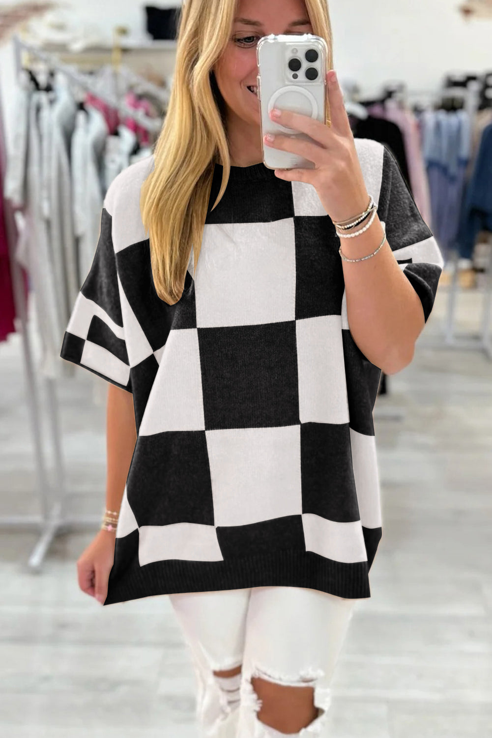 Black Checkered Pattern Loose Drop Shoulder Half Sleeve Sweater-TOPS / DRESSES-[Adult]-[Female]-2022 Online Blue Zone Planet
