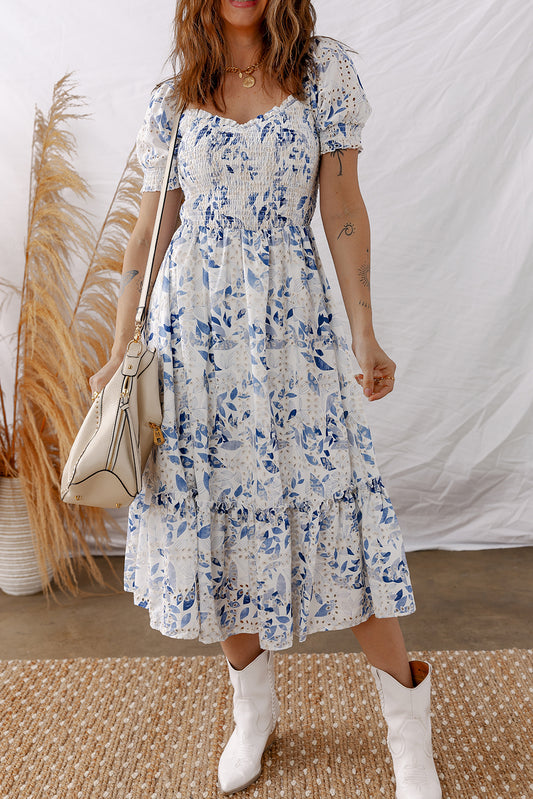 Sky Blue Smocked Bodice Short Puff Sleeve Tiered Floral Midi Dress-TOPS / DRESSES-[Adult]-[Female]-Sky Blue-S-2022 Online Blue Zone Planet