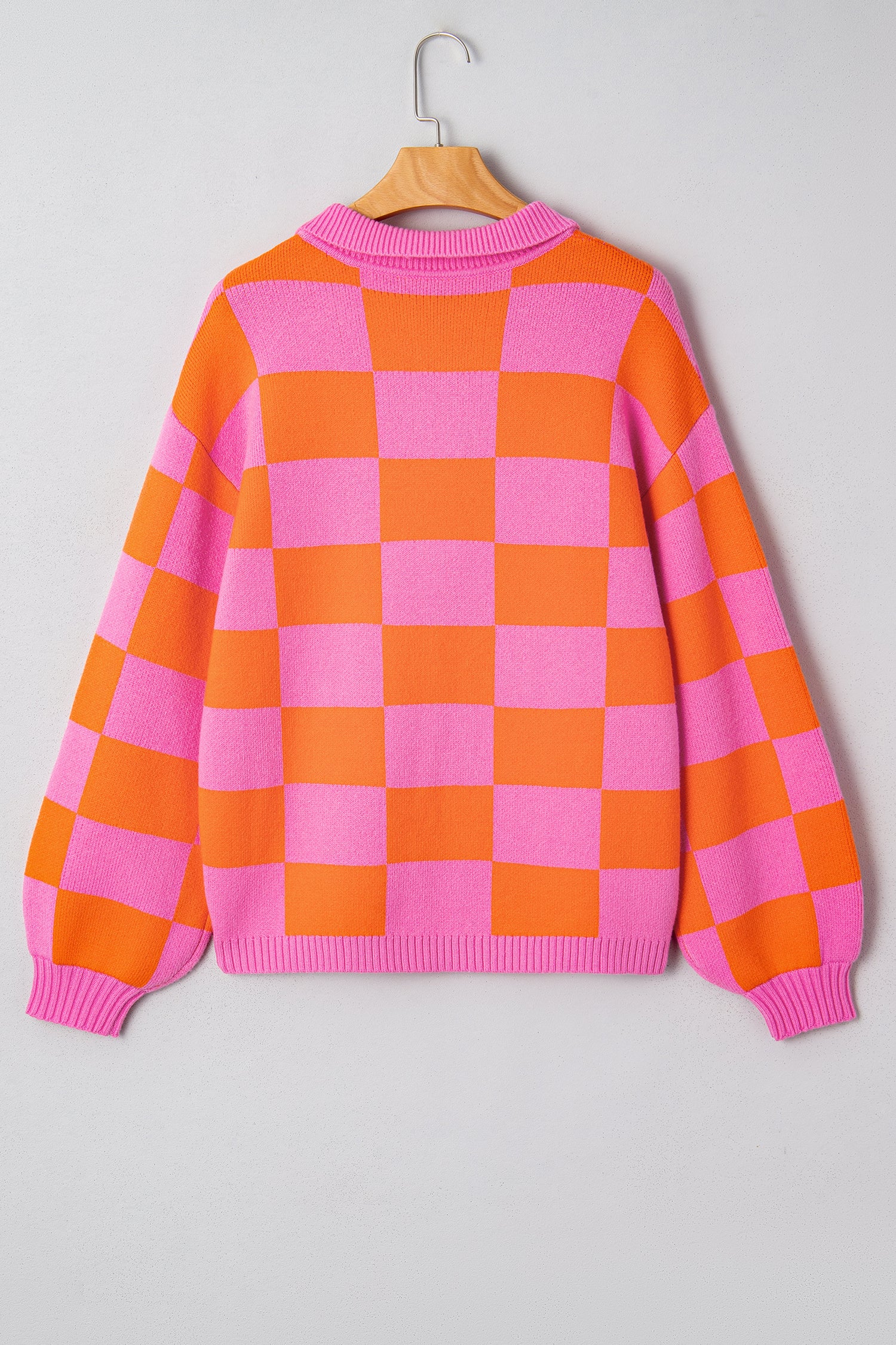 Sachet Pink Checkered Knit Polo Collar Baggy Sweater-TOPS / DRESSES-[Adult]-[Female]-2022 Online Blue Zone Planet