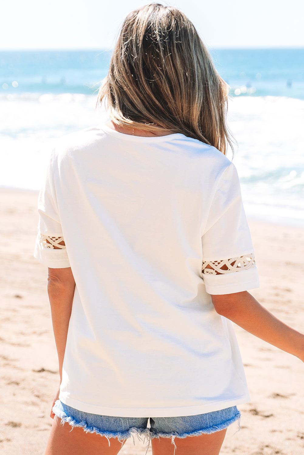 White Lace Crochet Crew Neck Casual T Shirt-Tops/Tops & Tees-[Adult]-[Female]-2022 Online Blue Zone Planet