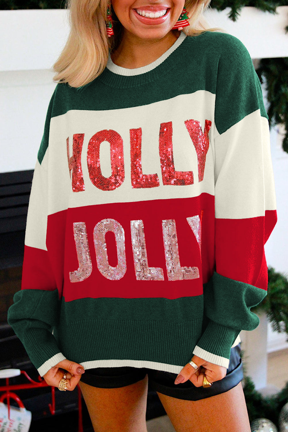 Green Sequined HOLLY JOLLY Color Block Crew Neck Sweater-Sweaters & Cardigans/Sweaters-[Adult]-[Female]-Green-S-2022 Online Blue Zone Planet