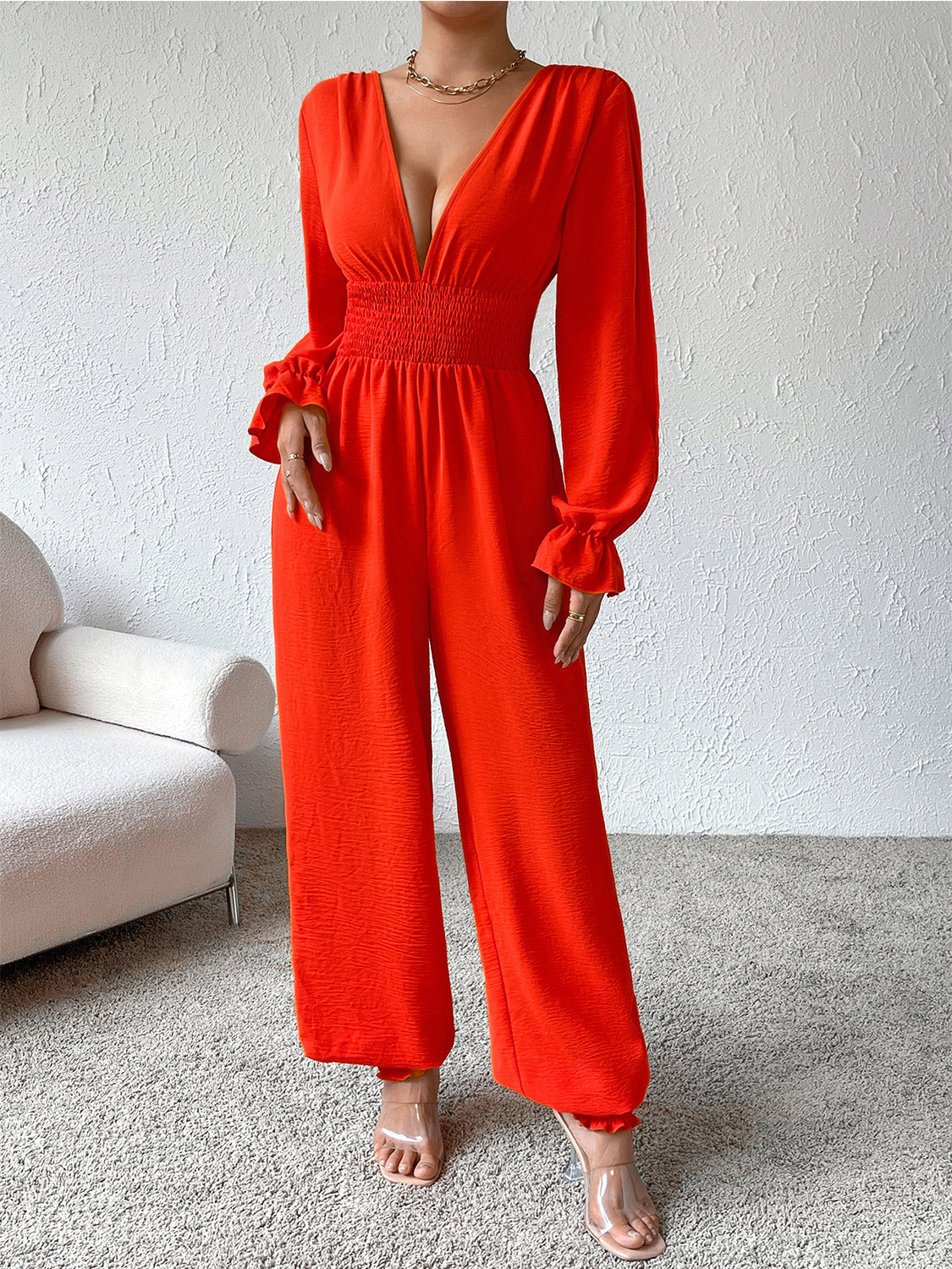 Plunge Smocked Flounce Sleeve Jumpsuit-[Adult]-[Female]-Red-S-2022 Online Blue Zone Planet